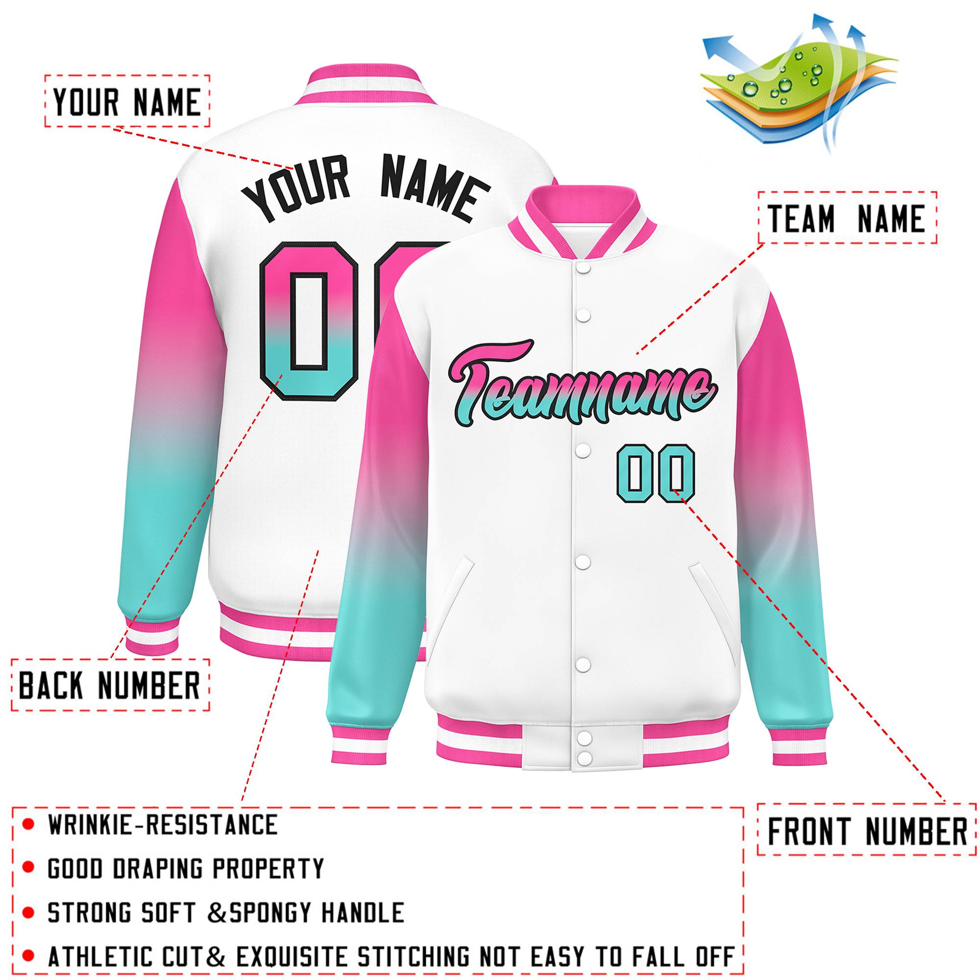 Custom White Pink-Bright Green Gradient Varsity Full-Snap Raglan Sleeves Baseball Jacket