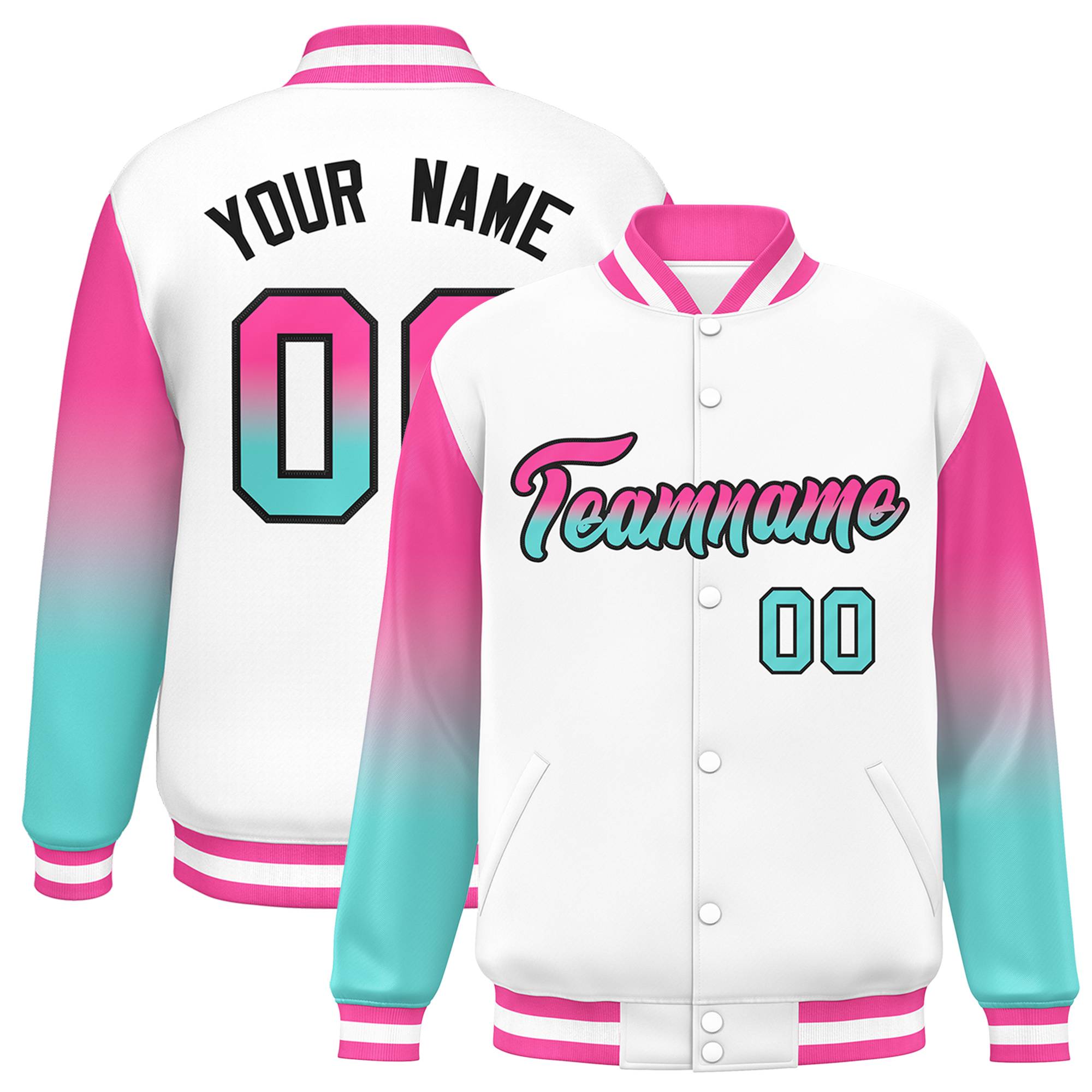 Custom White Pink-Bright Green Gradient Varsity Full-Snap Raglan Sleeves Baseball Jacket