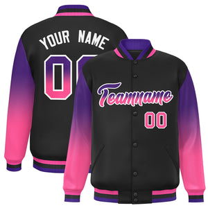 Custom Black Purple-Pink Gradient Varsity Full-Snap Raglan Sleeves Baseball Jacket