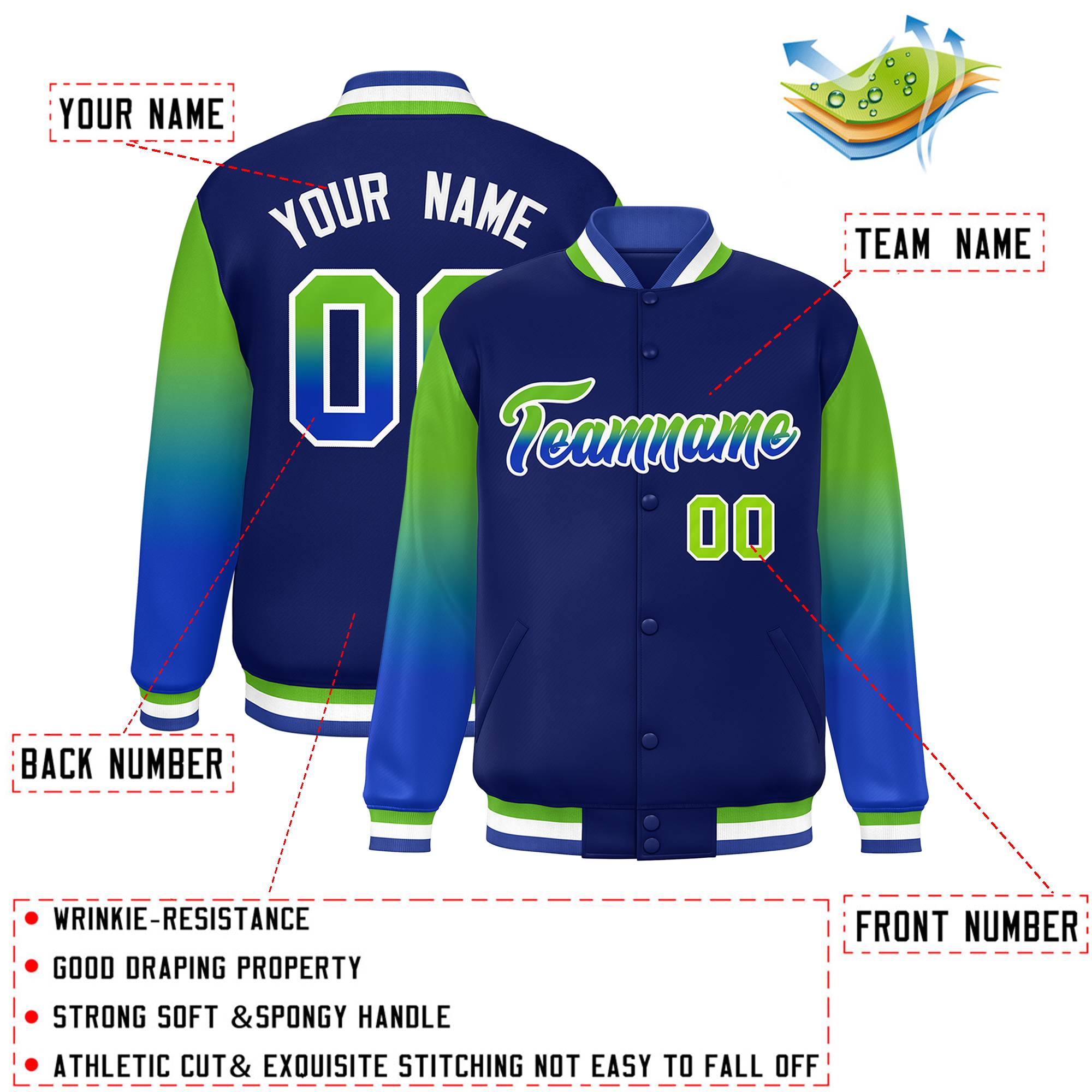 Custom Navy Neon Green-Royal Gradient Varsity Full-Snap Raglan Sleeves Baseball Jacket