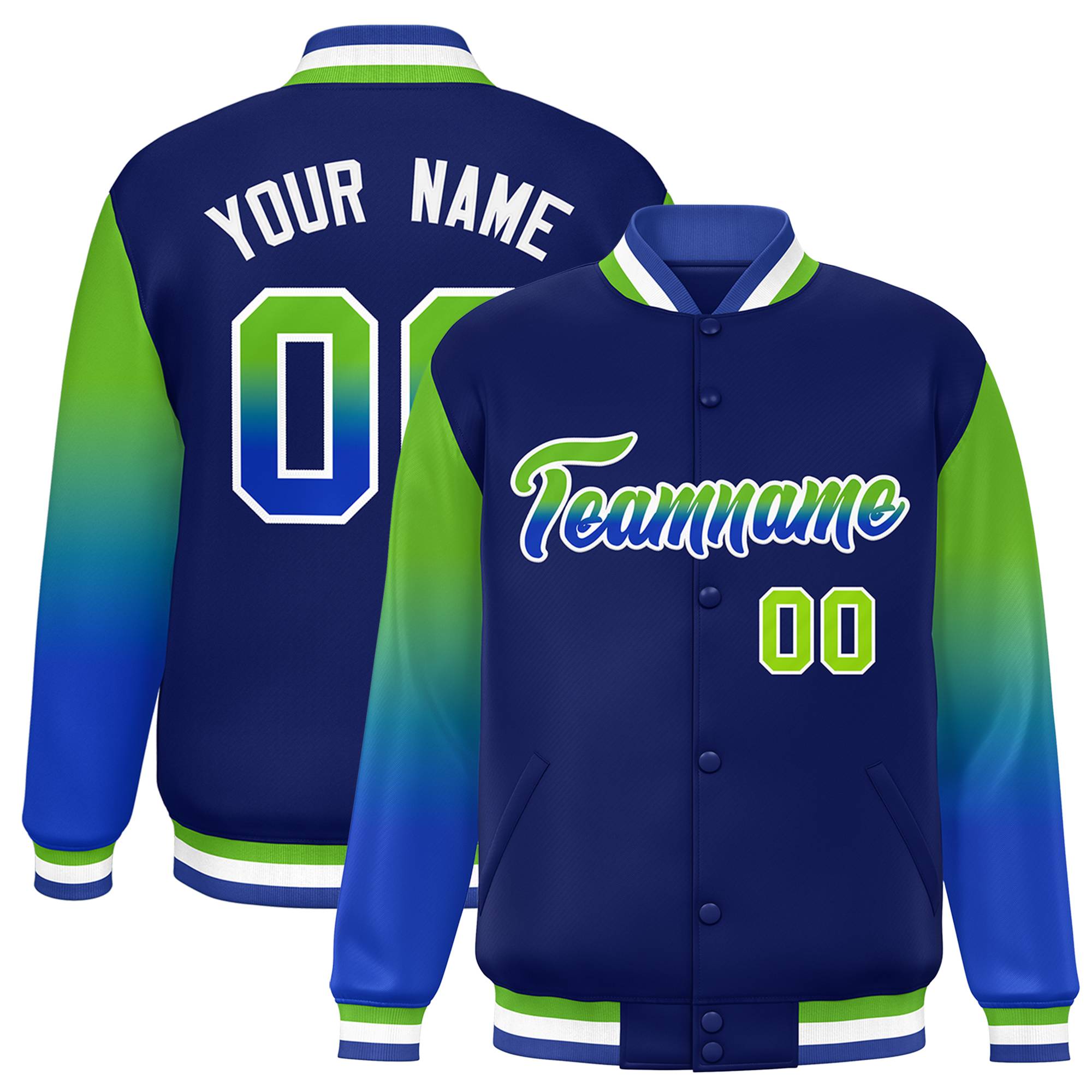 Custom Navy Neon Green-Royal Gradient Varsity Full-Snap Raglan Sleeves Baseball Jacket