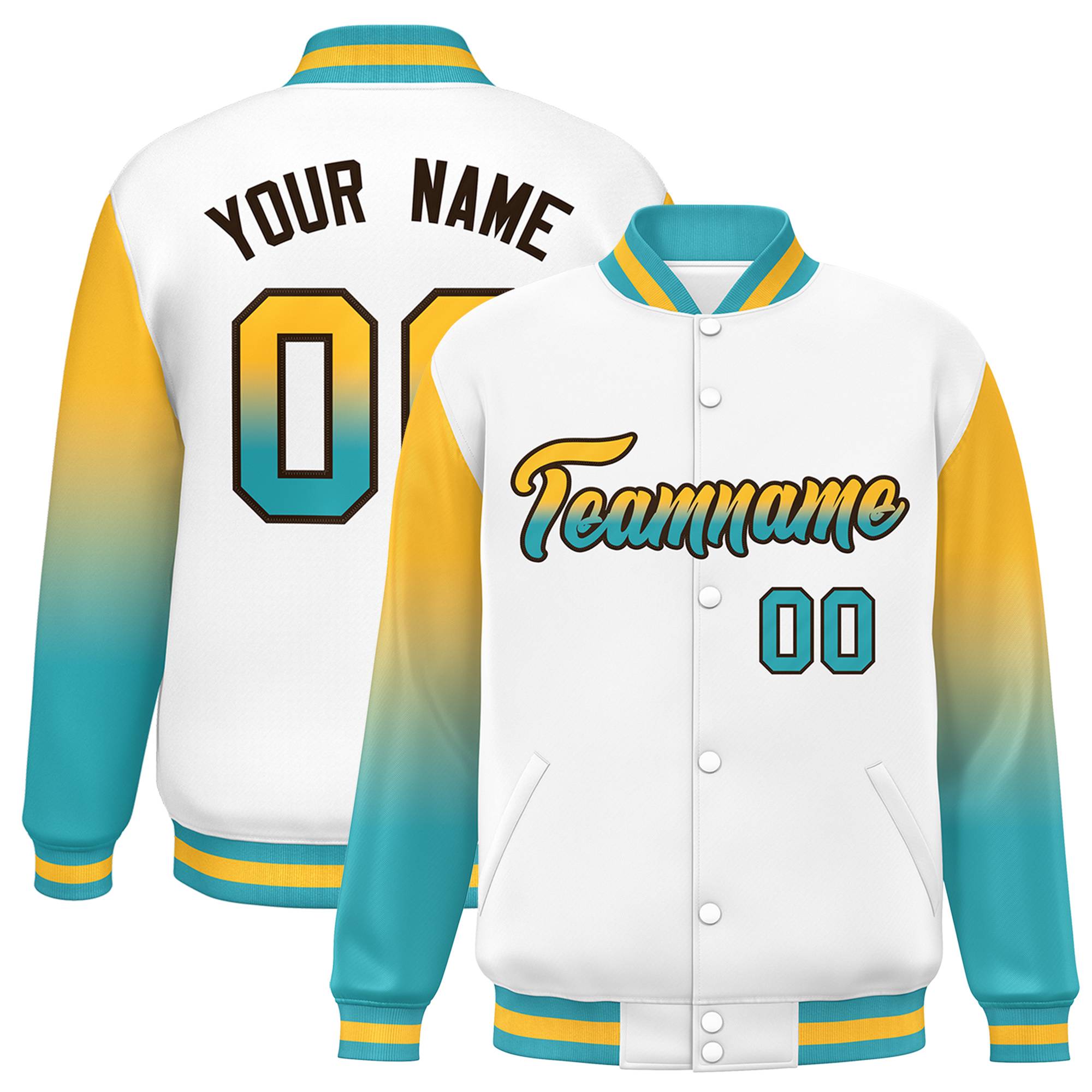 Custom White Yellow-Aqua Gradient Varsity Full-Snap Raglan Sleeves Baseball Jacket