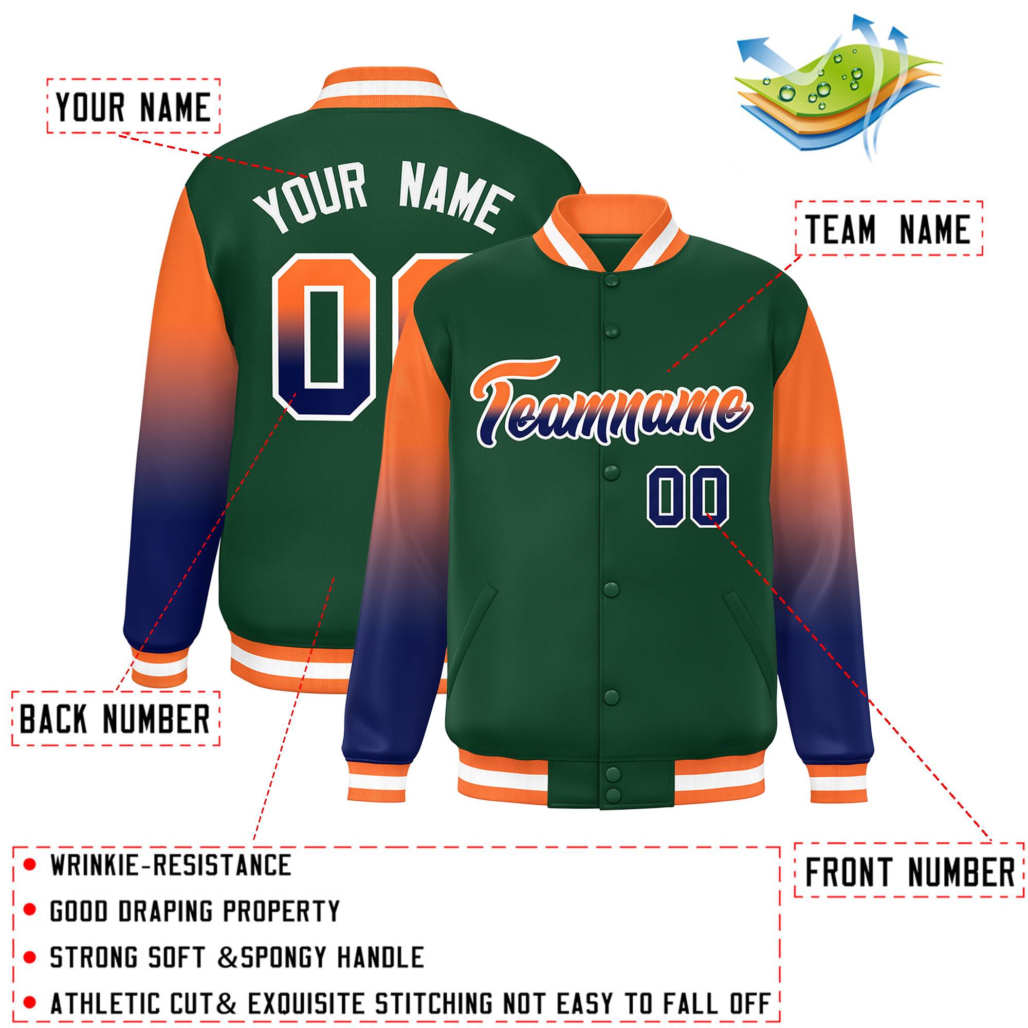 Custom Green Orange-Navy Gradient Varsity Full-Snap Raglan Sleeves Baseball Jacket