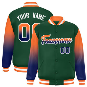 Custom Green Orange-Navy Gradient Varsity Full-Snap Raglan Sleeves Baseball Jacket