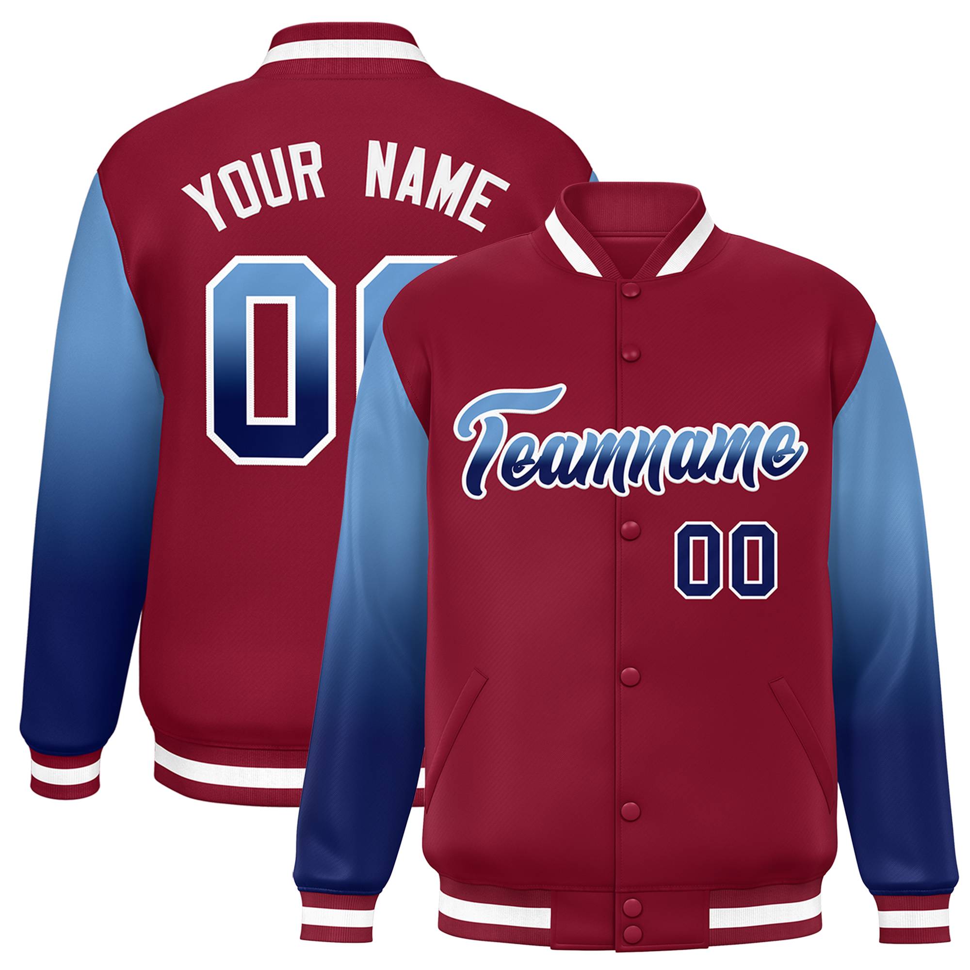 Custom Crimson Light Blue-Navy Gradient Varsity Full-Snap Raglan Sleeves Baseball Jacket