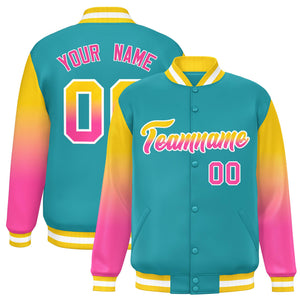 Custom Aqua Gold-Pink Gradient Varsity Full-Snap Raglan Sleeves Baseball Jacket