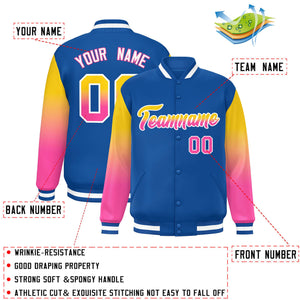 Custom Royal Gold-Pink Gradient Varsity Full-Snap Raglan Sleeves Baseball Jacket