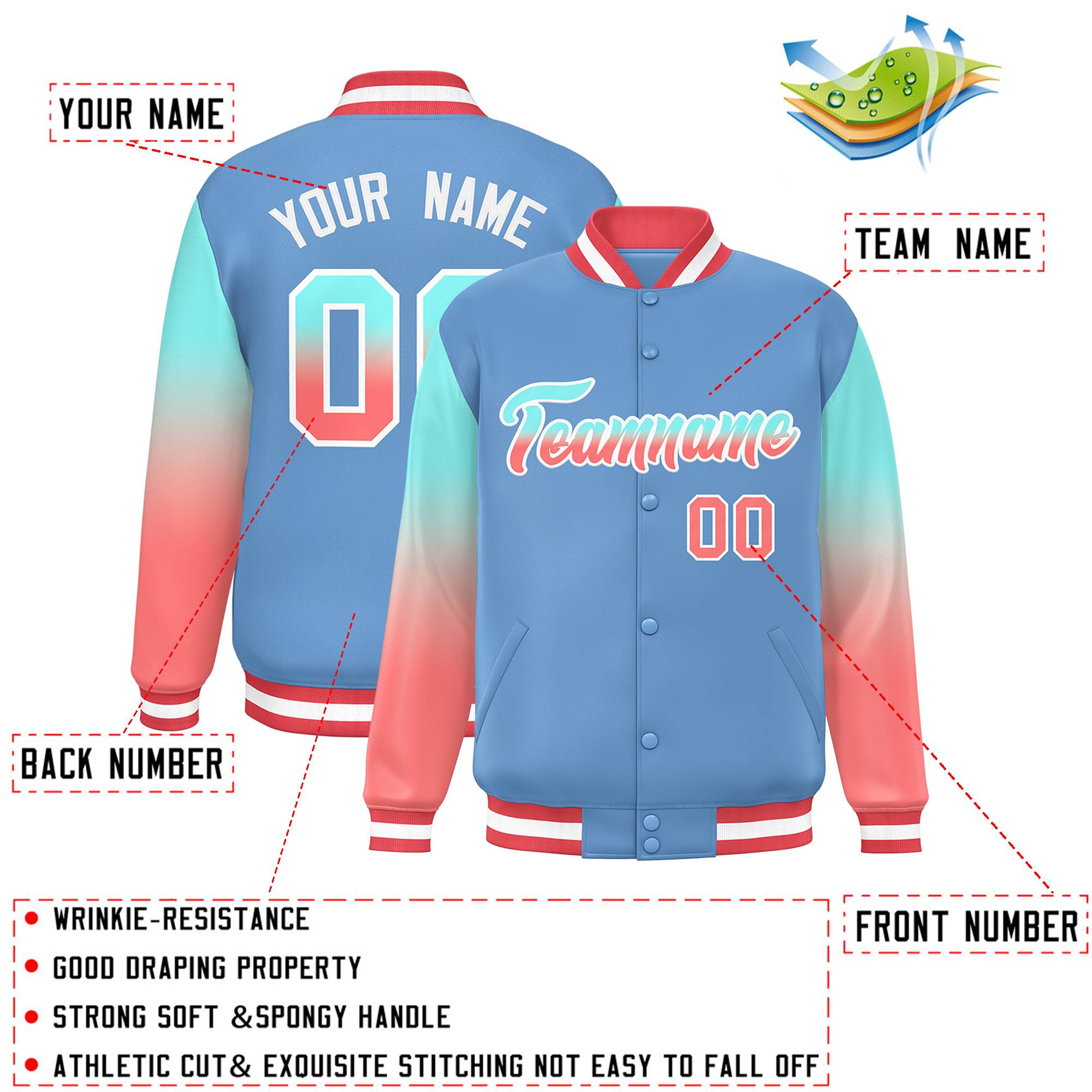 Custom Light Blue Bright Green-Light Red Gradient Varsity Full-Snap Raglan Sleeves Baseball Jacket