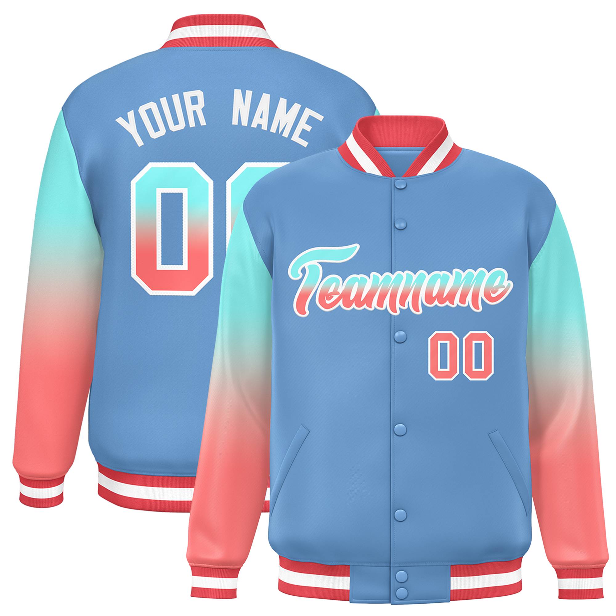 Custom Light Blue Bright Green-Light Red Gradient Varsity Full-Snap Raglan Sleeves Baseball Jacket