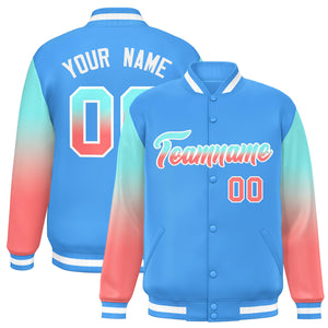 Custom Powder Blue Bright Green-Light Red Gradient Varsity Full-Snap Raglan Sleeves Baseball Jacket