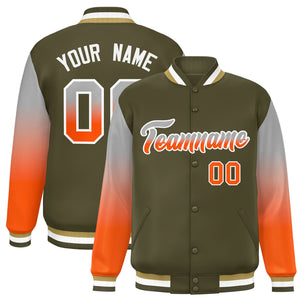 Custom Olive Gray-Orange Gradient Varsity Full-Snap Raglan Sleeves Baseball Jacket