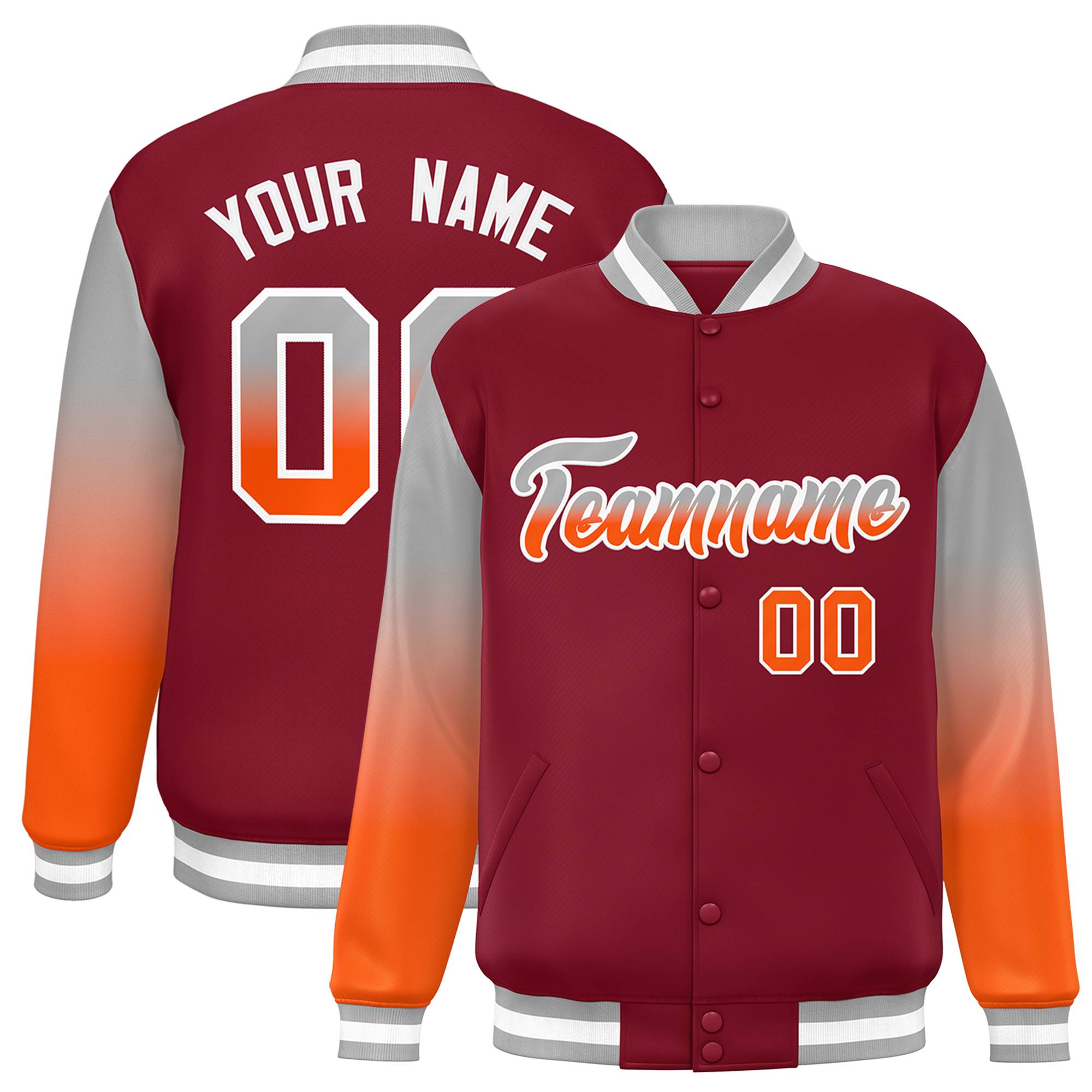 Custom Crimson Gray-Orange Gradient Varsity Full-Snap Raglan Sleeves Baseball Jacket