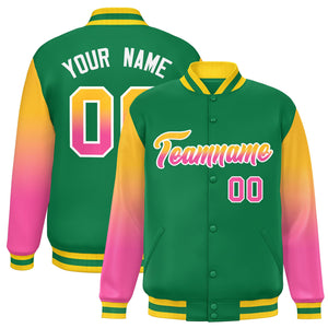 Custom Kelly Green Yellow-Pink Gradient Varsity Full-Snap Raglan Sleeves Baseball Jacket