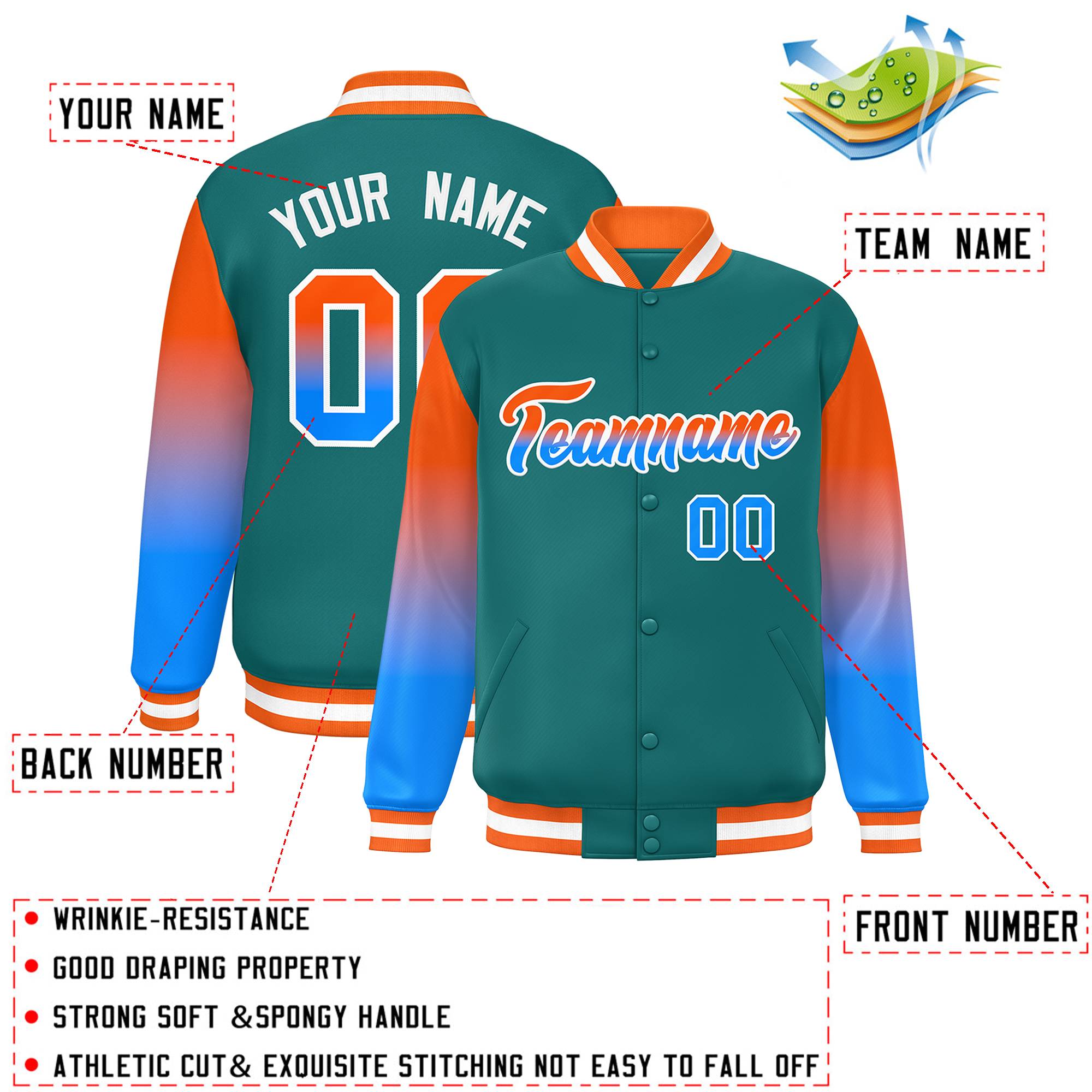 Custom Aqua Orange-Powder Blue Gradient Varsity Full-Snap Raglan Sleeves Baseball Jacket