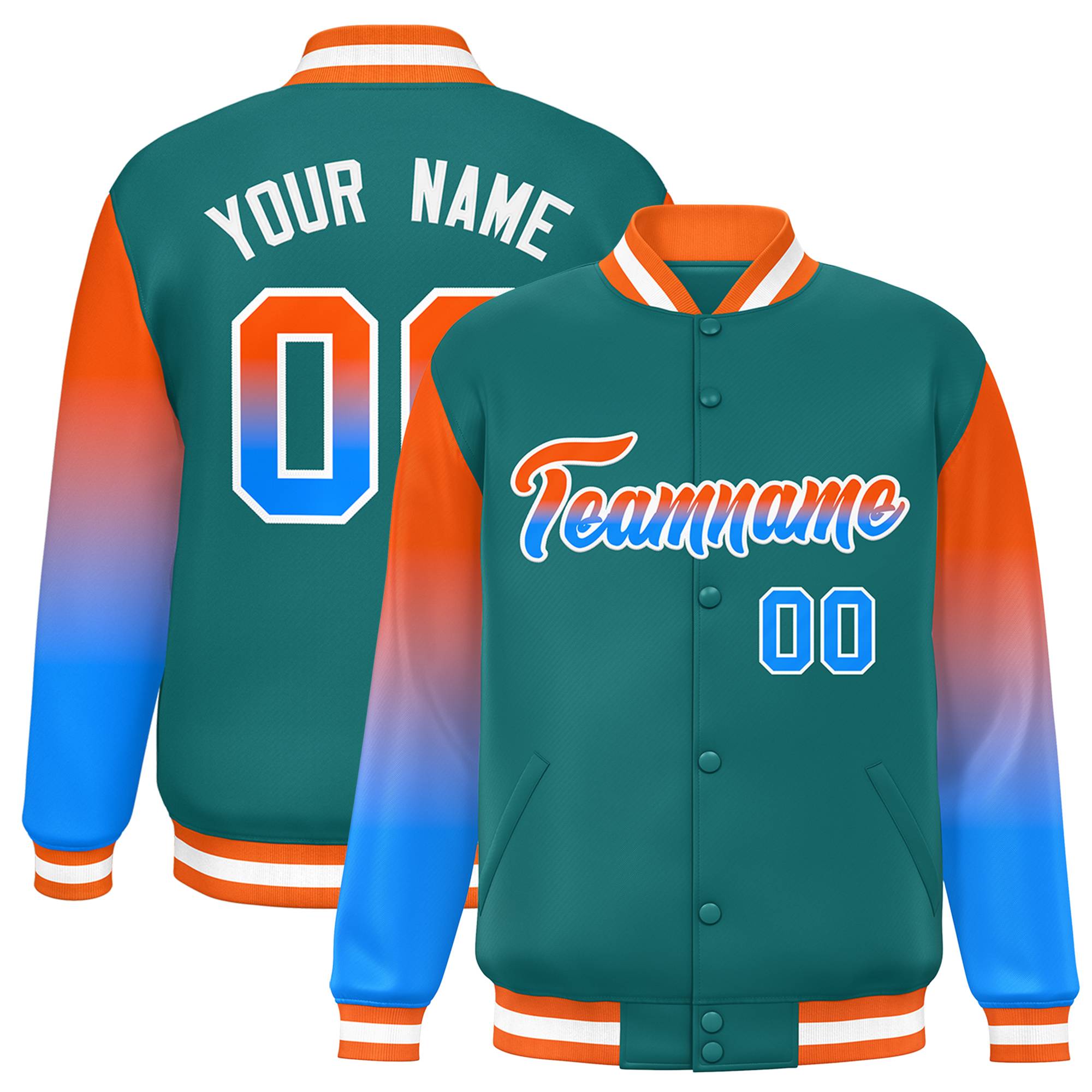 Custom Aqua Orange-Powder Blue Gradient Varsity Full-Snap Raglan Sleeves Baseball Jacket