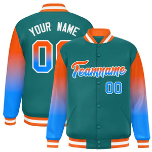 Custom Aqua Orange-Powder Blue Gradient Varsity Full-Snap Raglan Sleeves Baseball Jacket