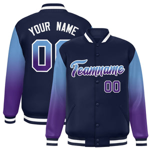 Custom Navy Light Blue-Purple Gradient Varsity Full-Snap Raglan Sleeves Baseball Jacket