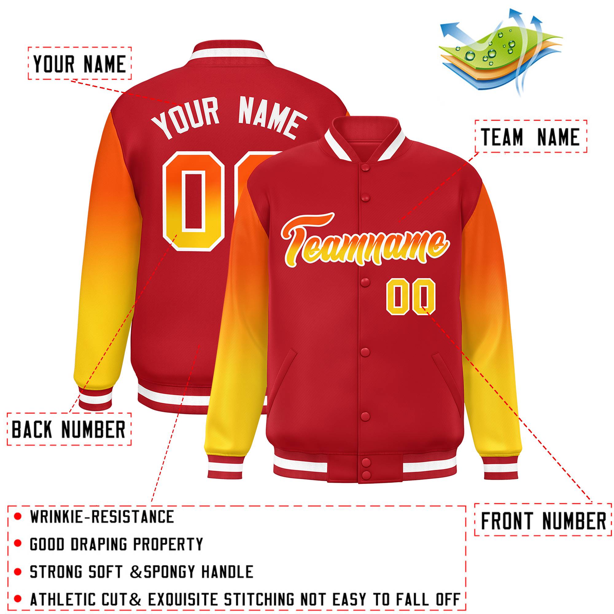 Custom Red Orange-Gold Gradient Varsity Full-Snap Raglan Sleeves Baseball Jacket