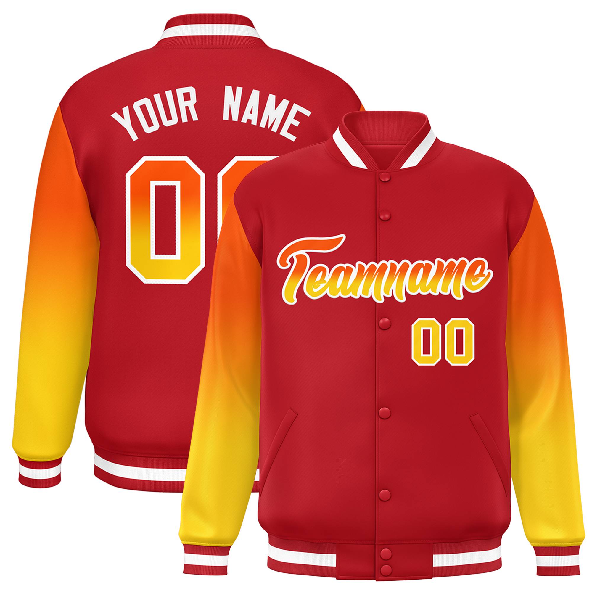 Custom Red Orange-Gold Gradient Varsity Full-Snap Raglan Sleeves Baseball Jacket