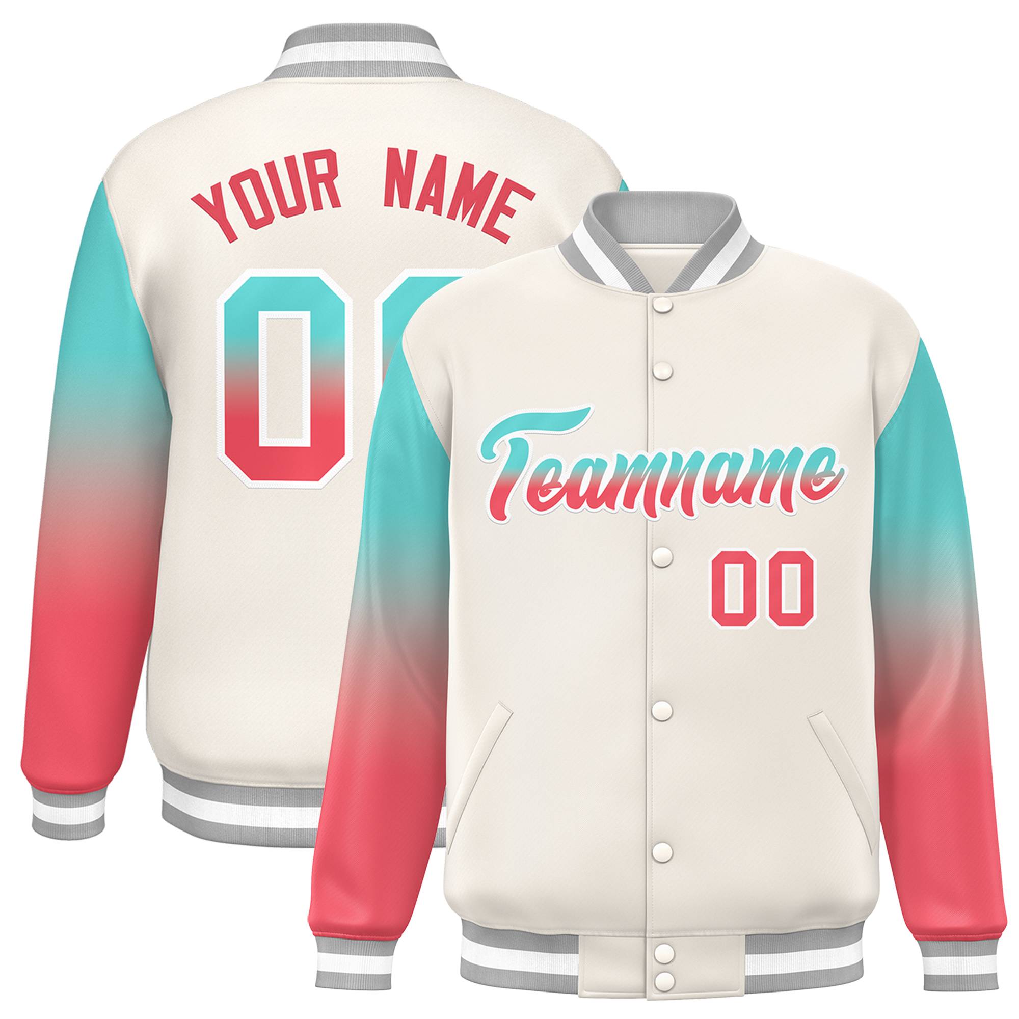 Custom White Bright Green-Light Red Gradient Varsity Full-Snap Raglan Sleeves Baseball Jacket