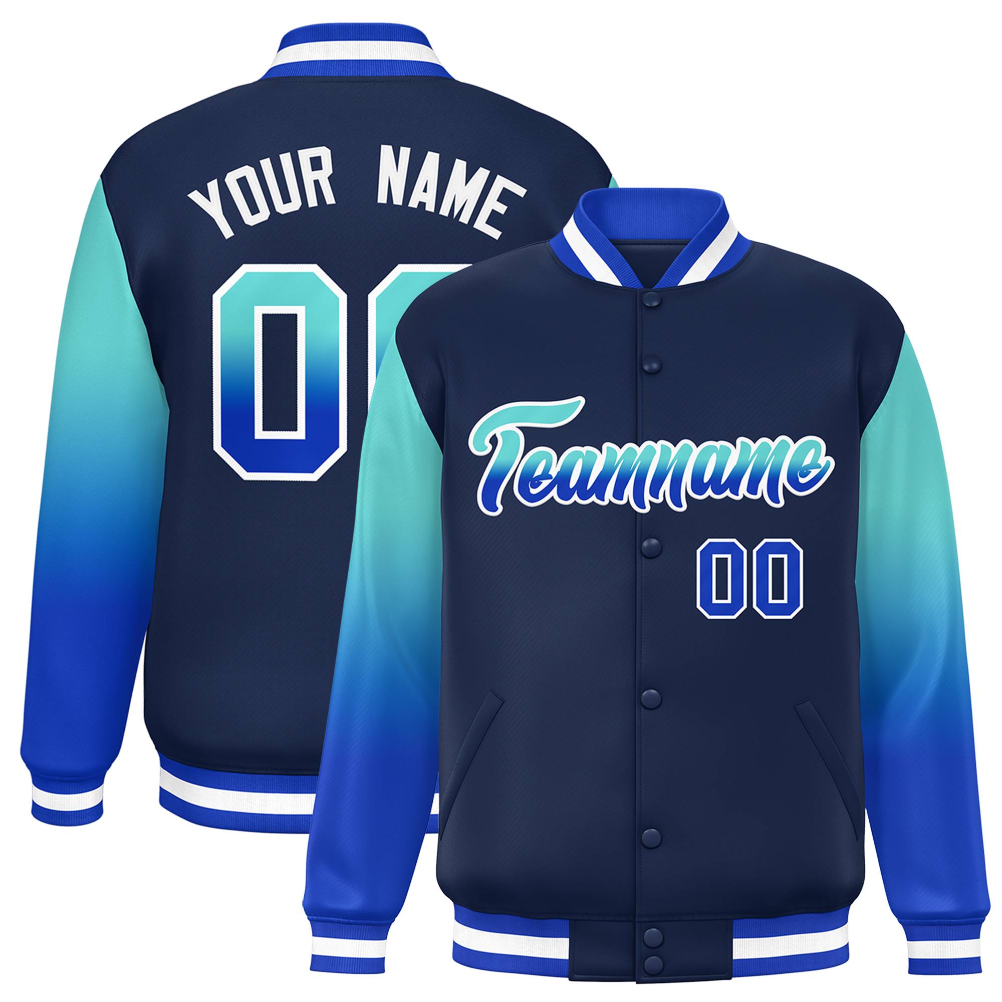 Custom Navy Bright Green-Royal Gradient Varsity Full-Snap Raglan Sleeves Baseball Jacket