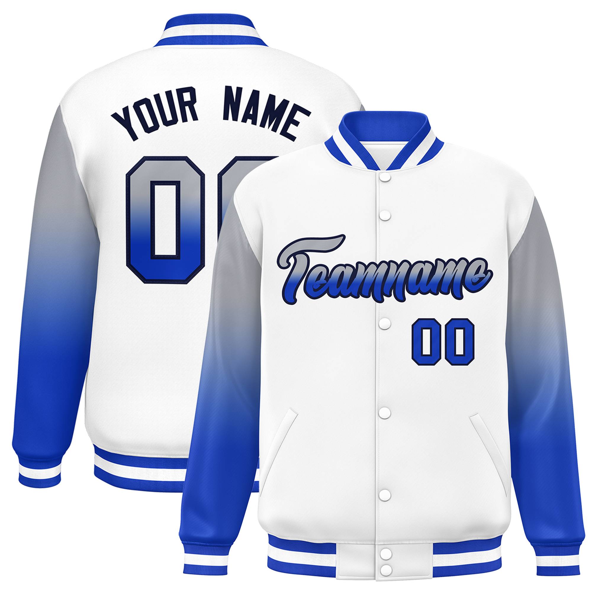 Custom White Gray-Royal Gradient Varsity Full-Snap Raglan Sleeves Baseball Jacket