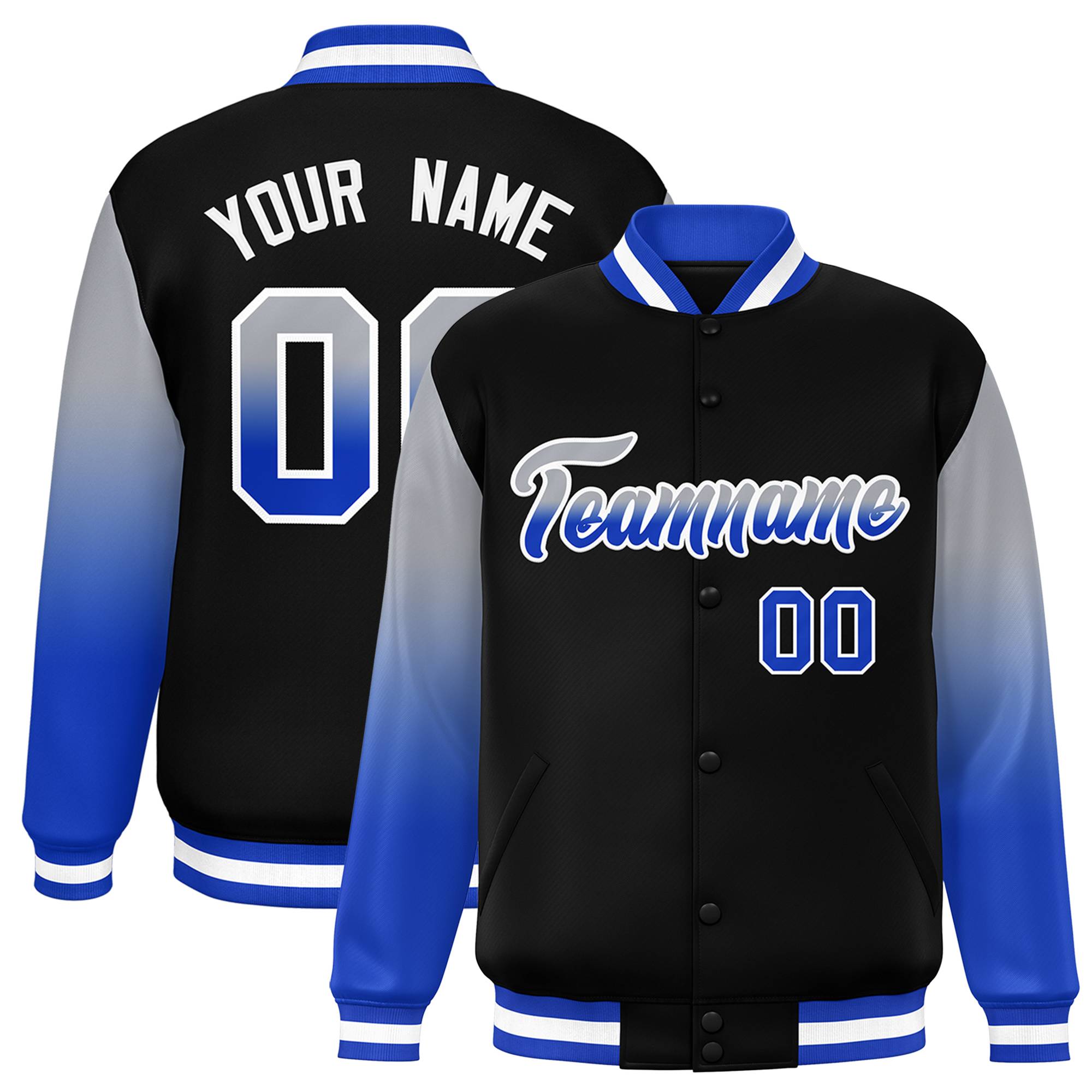 Custom Black Gray-Royal Gradient Varsity Full-Snap Raglan Sleeves Baseball Jacket