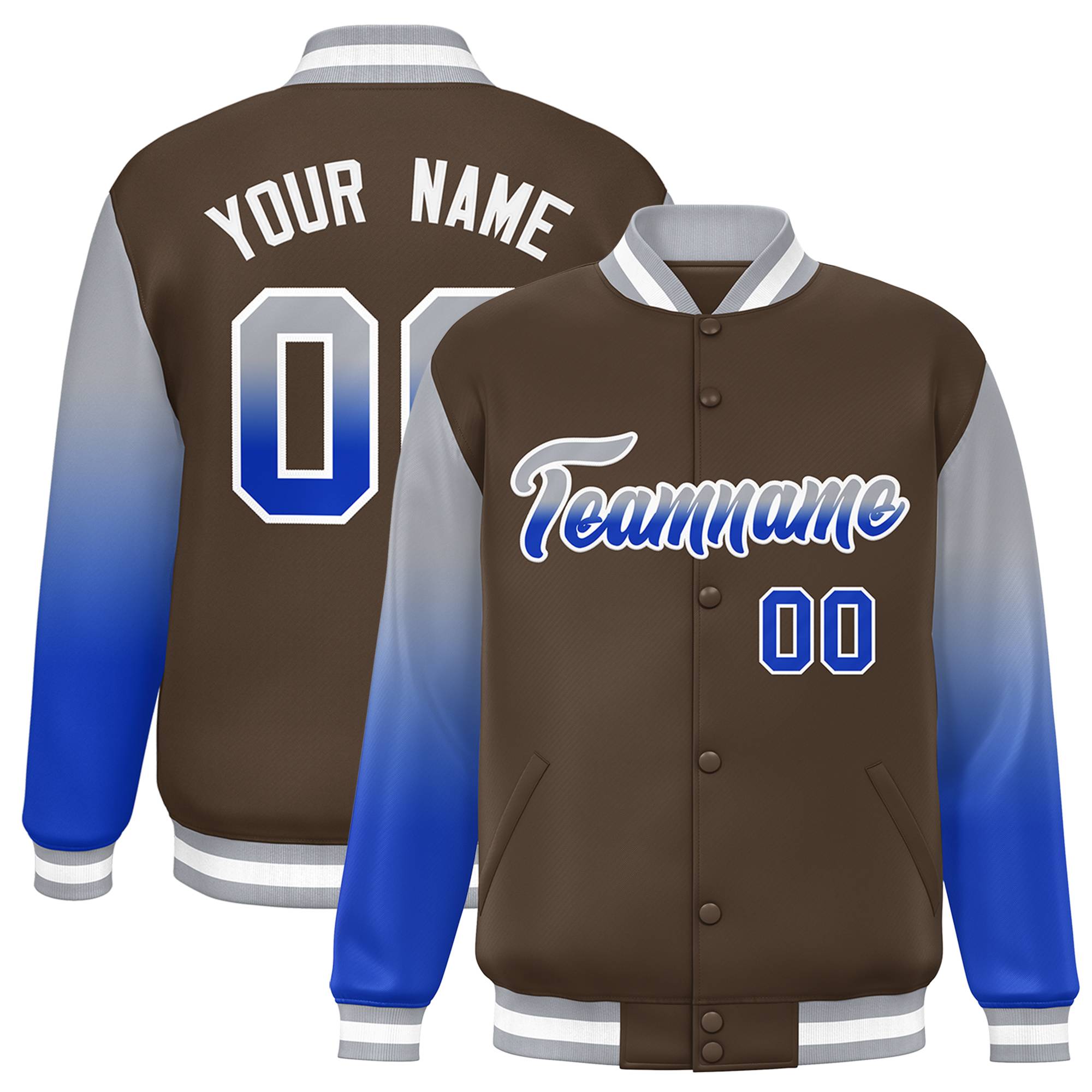 Custom Light Brown Gray-Royal Gradient Varsity Full-Snap Raglan Sleeves Baseball Jacket