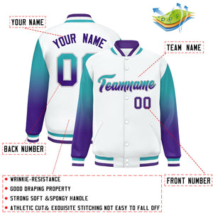 Custom White Aqua-Purple Gradient Varsity Full-Snap Raglan Sleeves Baseball Jacket