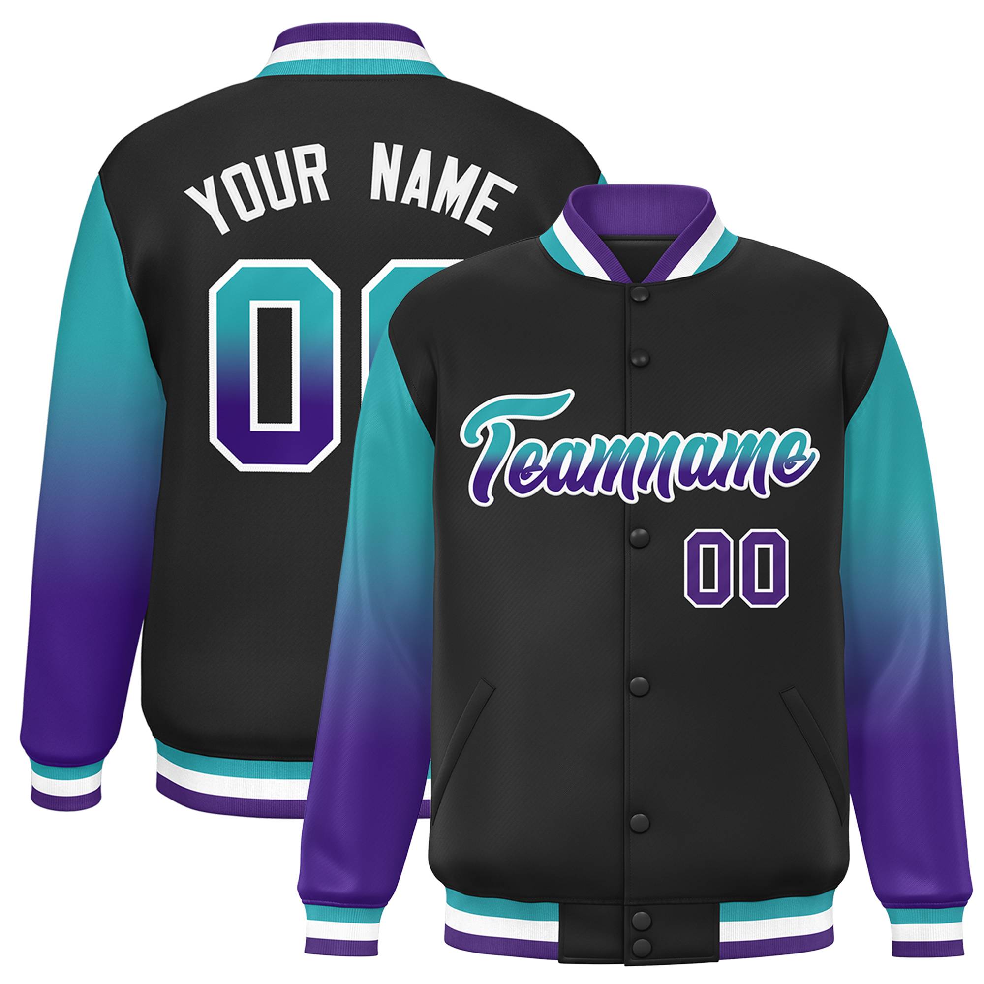 Custom Black Aqua-Purple Gradient Varsity Full-Snap Raglan Sleeves Baseball Jacket