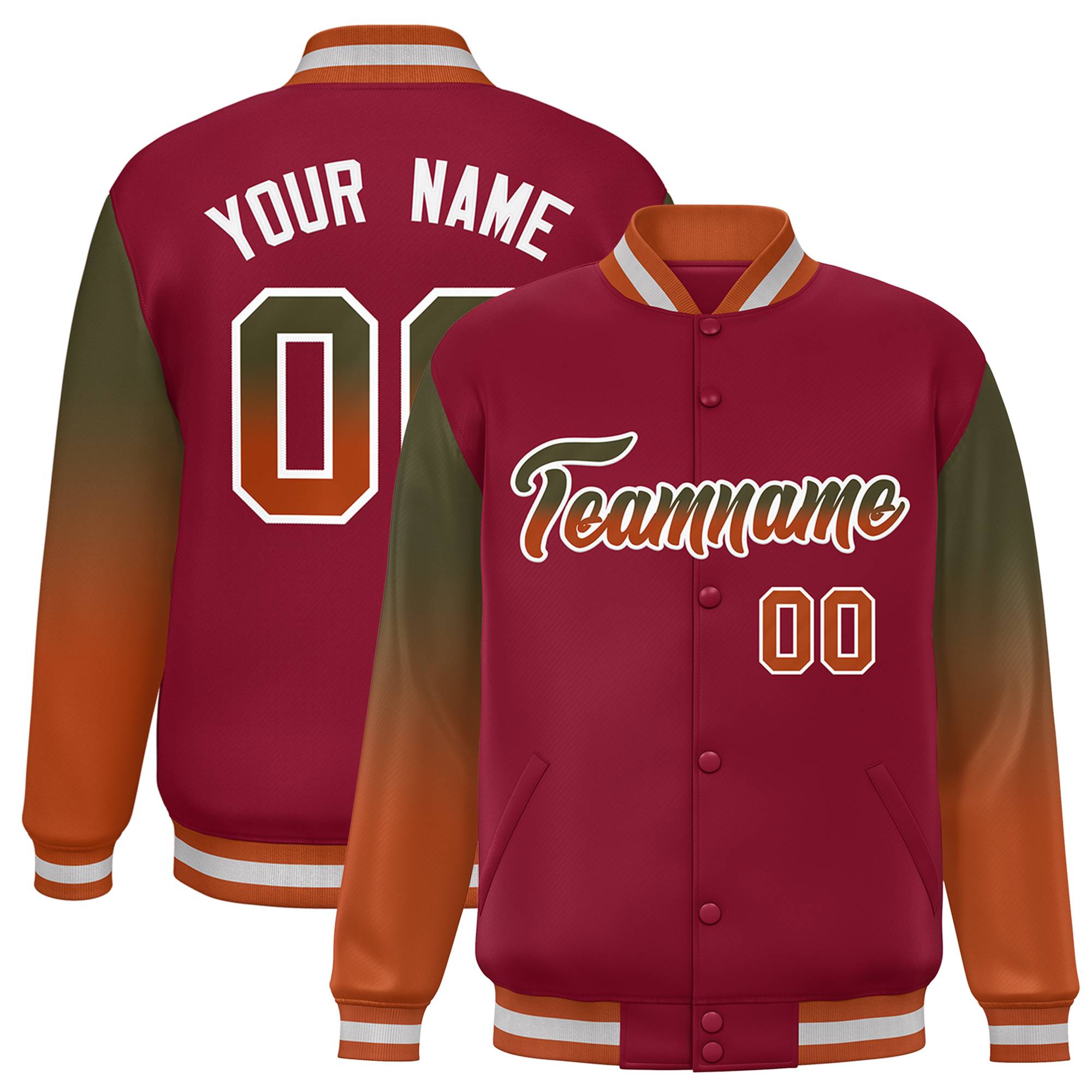 Custom Crimson Olive-Texas Orange Gradient Varsity Full-Snap Raglan Sleeves Baseball Jacket