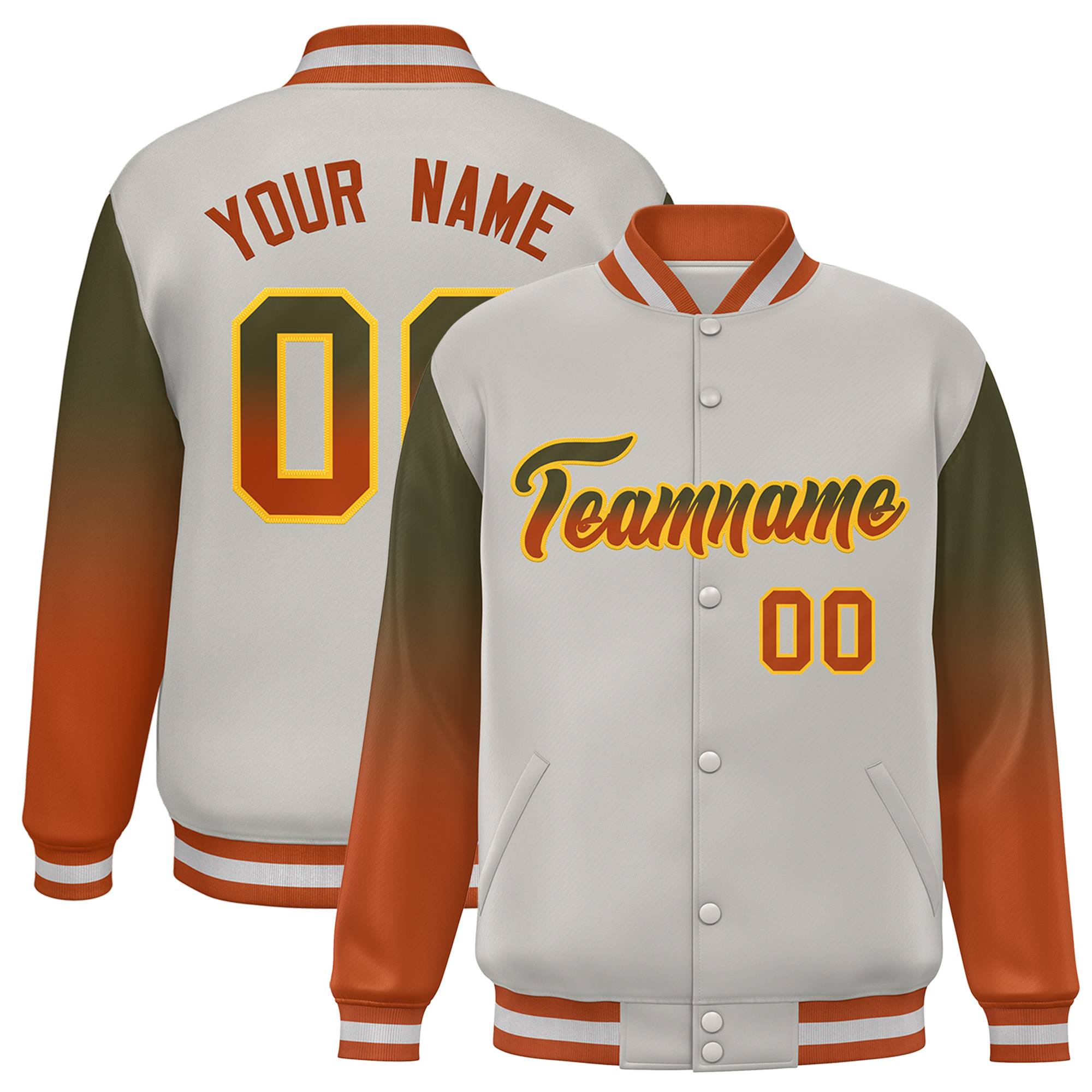 Custom Gray Olive-Texas Orange Gradient Varsity Full-Snap Raglan Sleeves Baseball Jacket