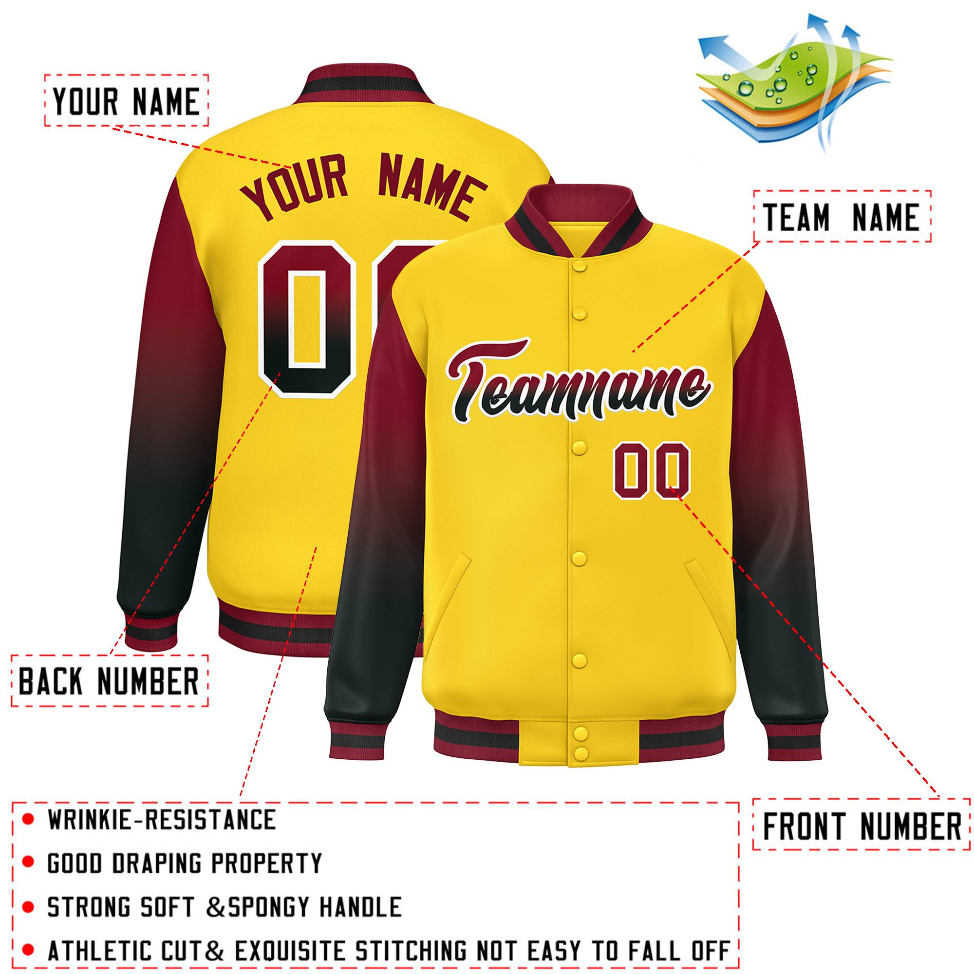 Custom Gold Crimson-Black Gradient Varsity Full-Snap Raglan Sleeves Baseball Jacket