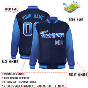 Custom Navy Powder Blue-Royal Gradient Varsity Full-Snap Raglan Sleeves Baseball Jacket