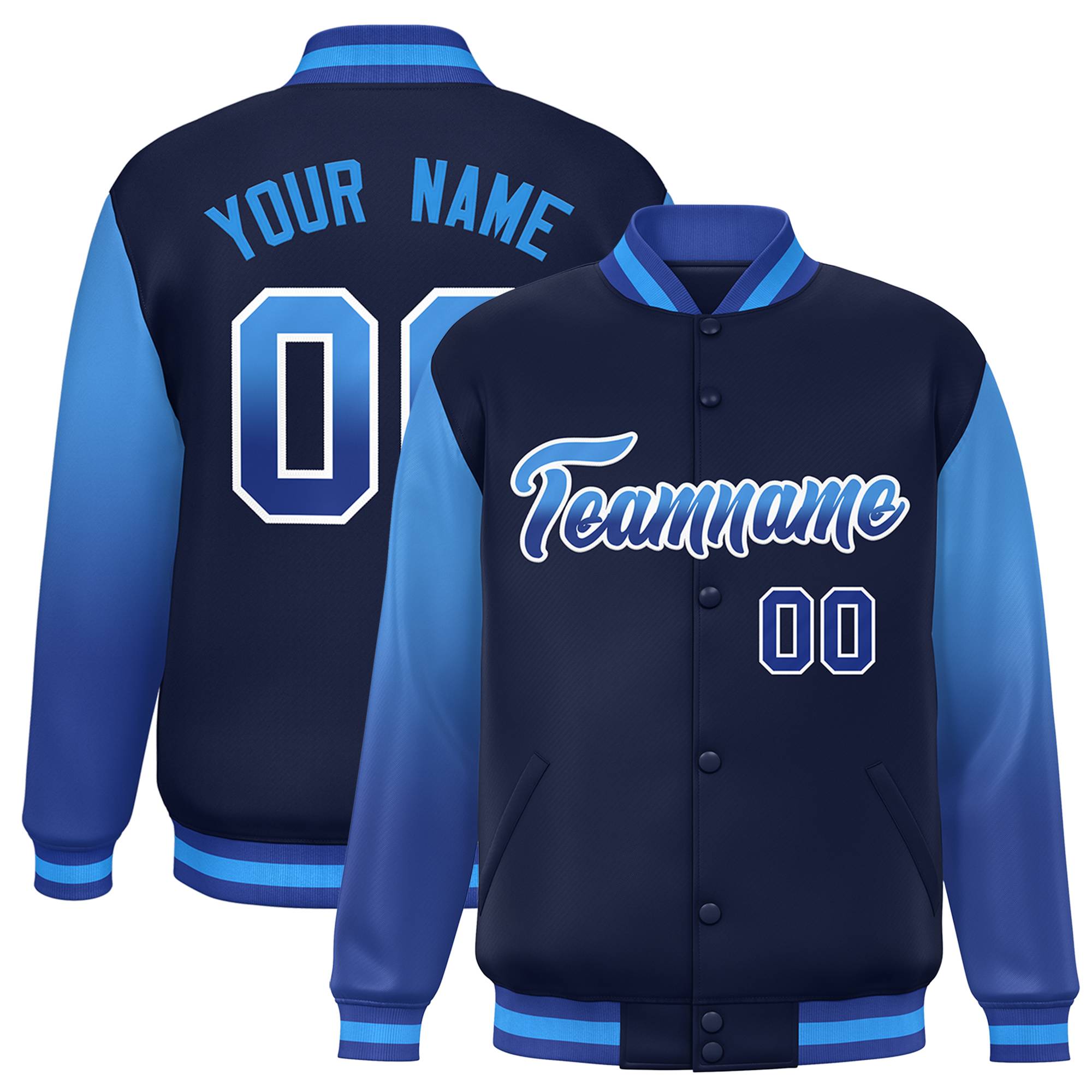 Custom Navy Powder Blue-Royal Gradient Varsity Full-Snap Raglan Sleeves Baseball Jacket