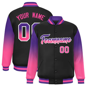 Custom Black Purple-Pink Gradient Varsity Full-Snap Raglan Sleeves Baseball Jacket