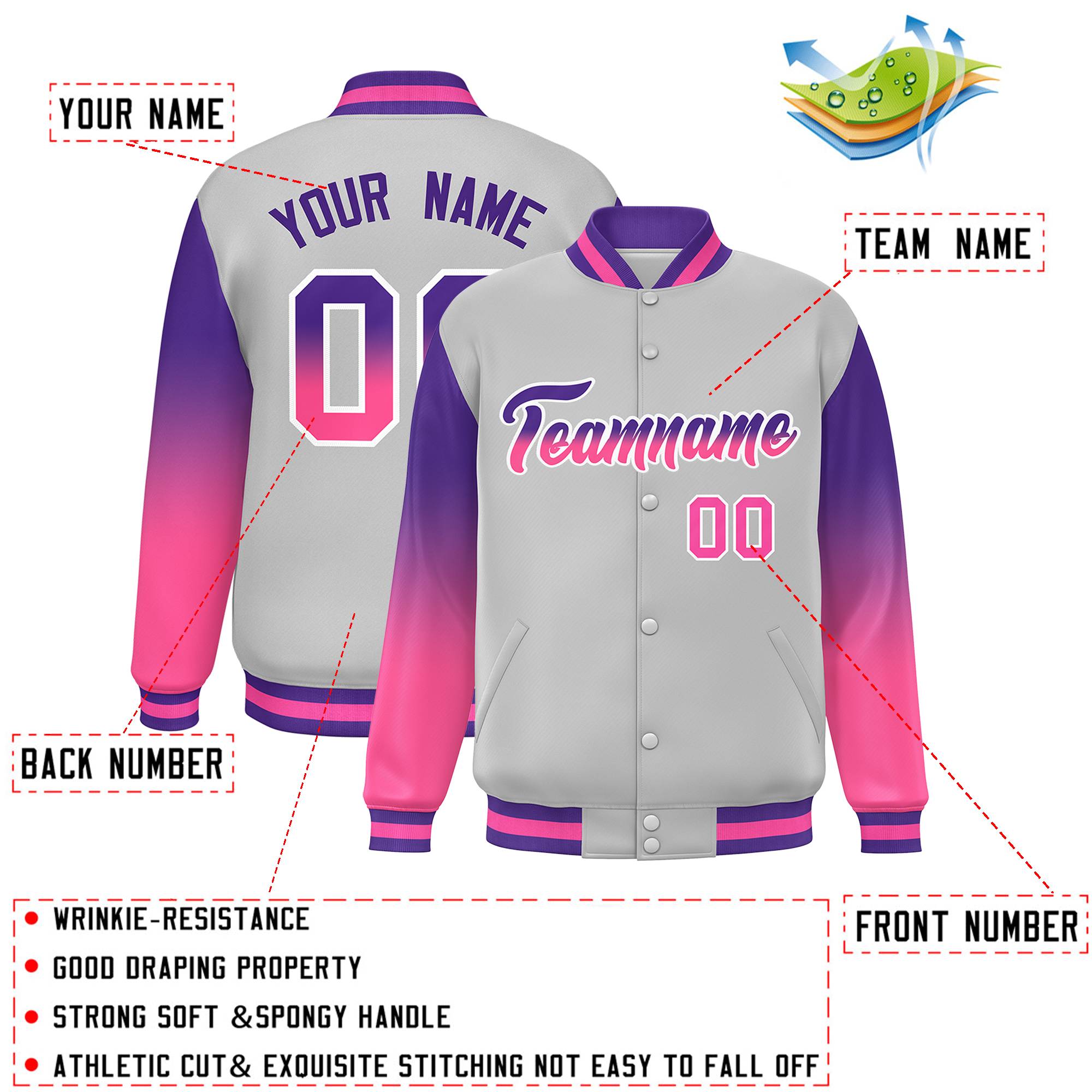 Custom Gray Purple-Pink Gradient Varsity Full-Snap Raglan Sleeves Baseball Jacket