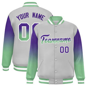 Custom Gray Purple-Green Gradient Varsity Full-Snap Raglan Sleeves Baseball Jacket