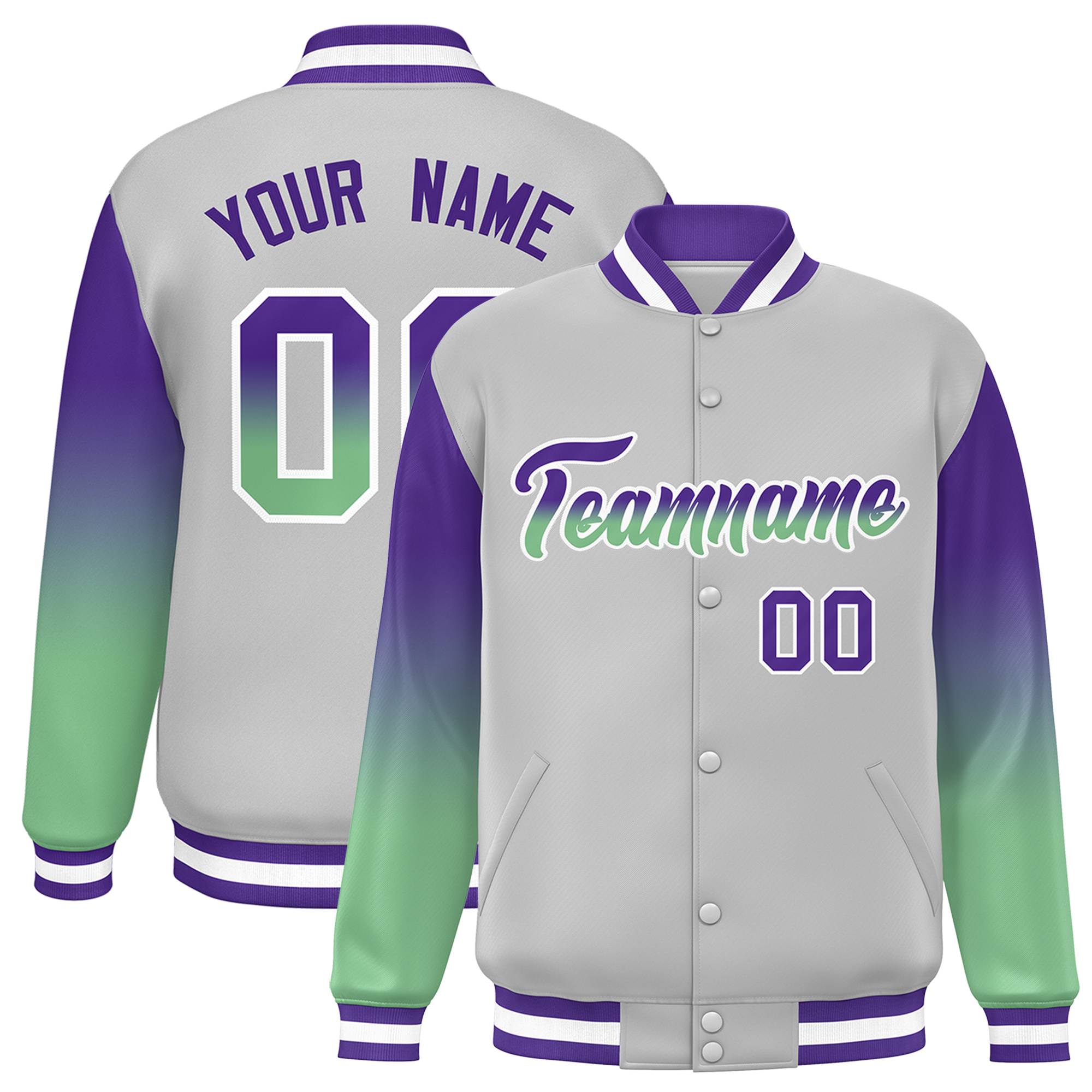 Custom Gray Purple-Green Gradient Varsity Full-Snap Raglan Sleeves Baseball Jacket