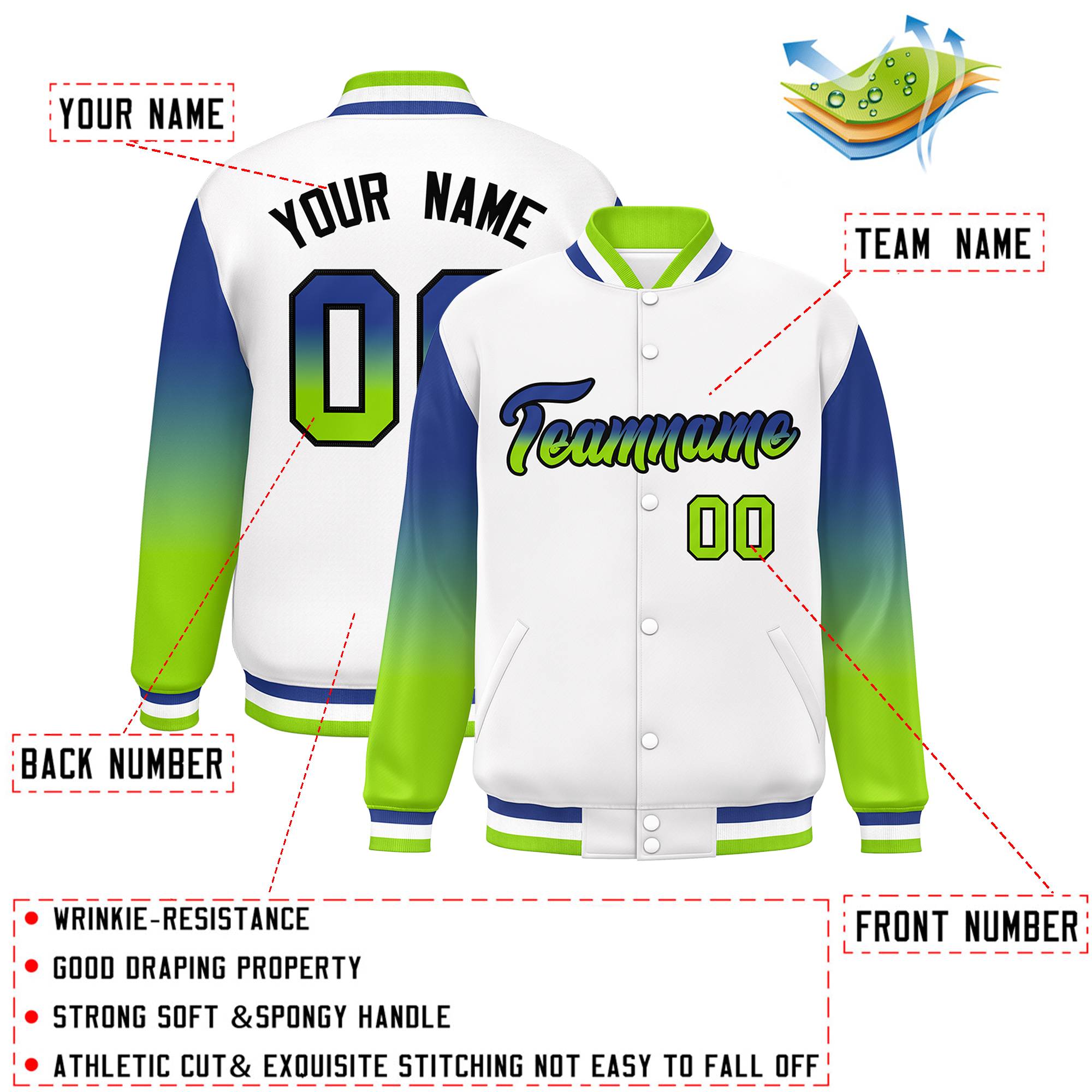 Custom White Royal-Green Gradient Varsity Full-Snap Raglan Sleeves Baseball Jacket