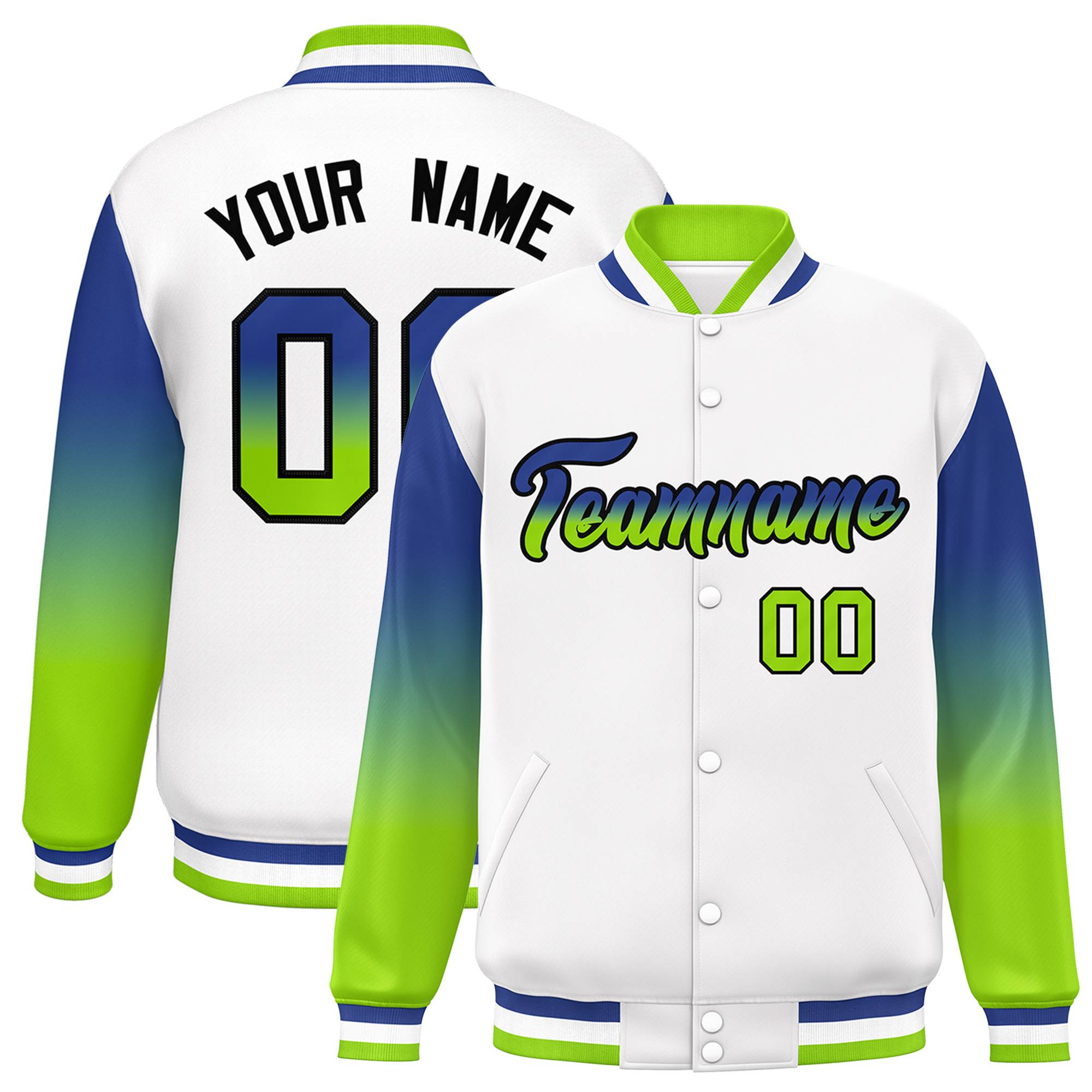 Custom White Royal-Green Gradient Varsity Full-Snap Raglan Sleeves Baseball Jacket