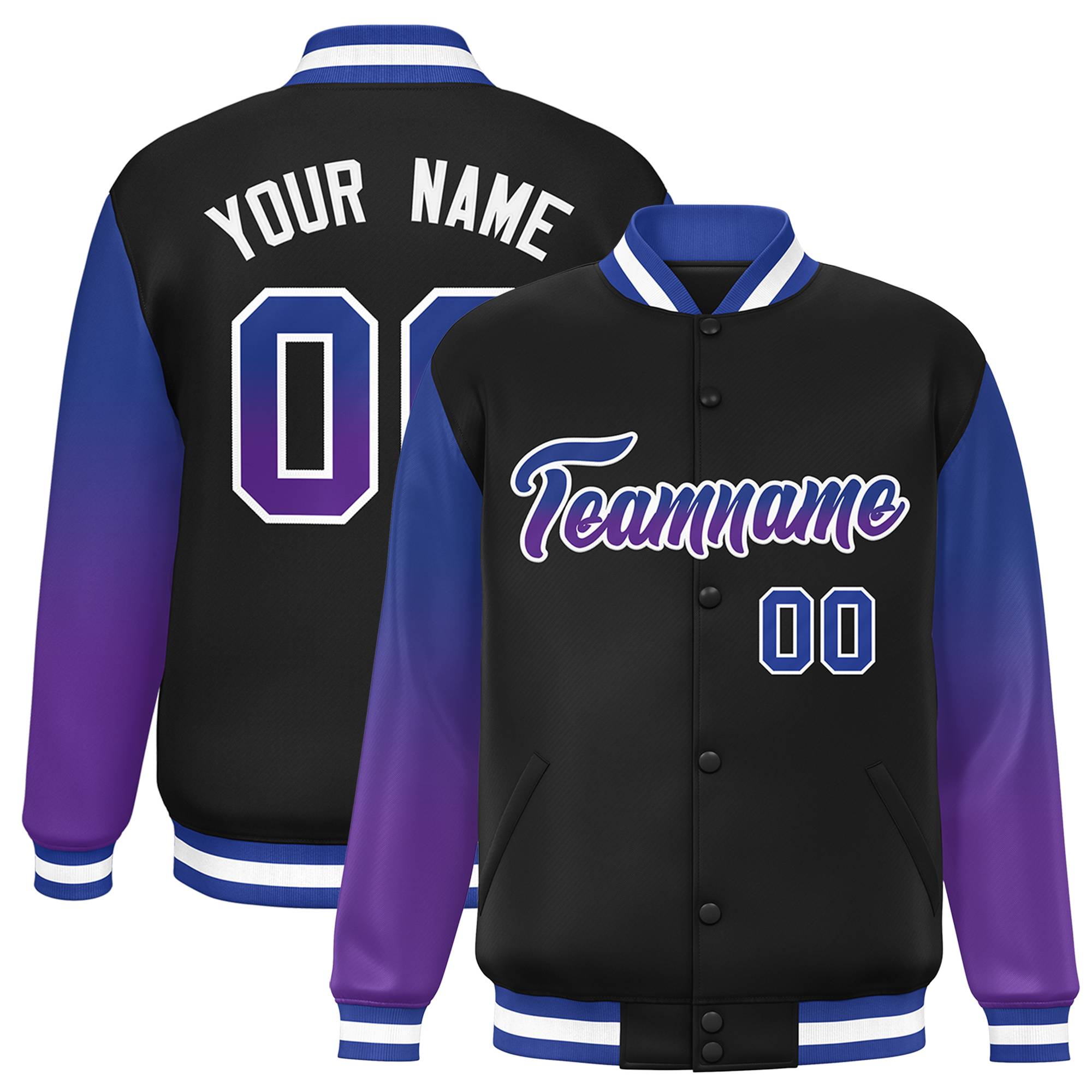 Custom Black Royal-Purple Gradient Varsity Full-Snap Raglan Sleeves Baseball Jacket