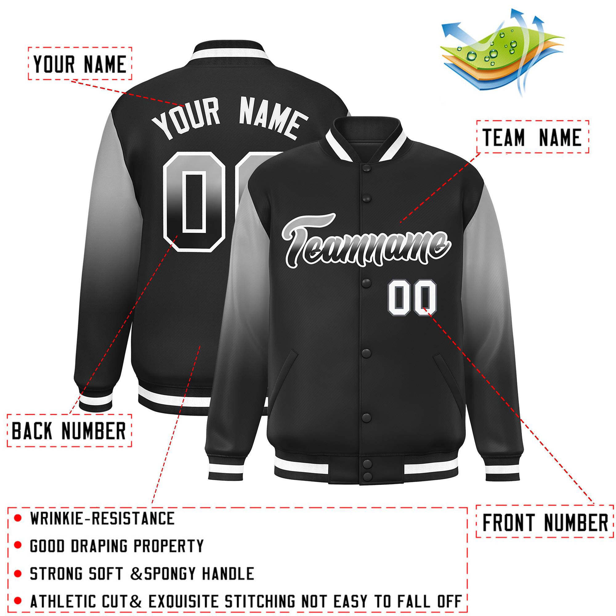 Custom Black Gray-Black Gradient Varsity Full-Snap Raglan Sleeves Baseball Jacket