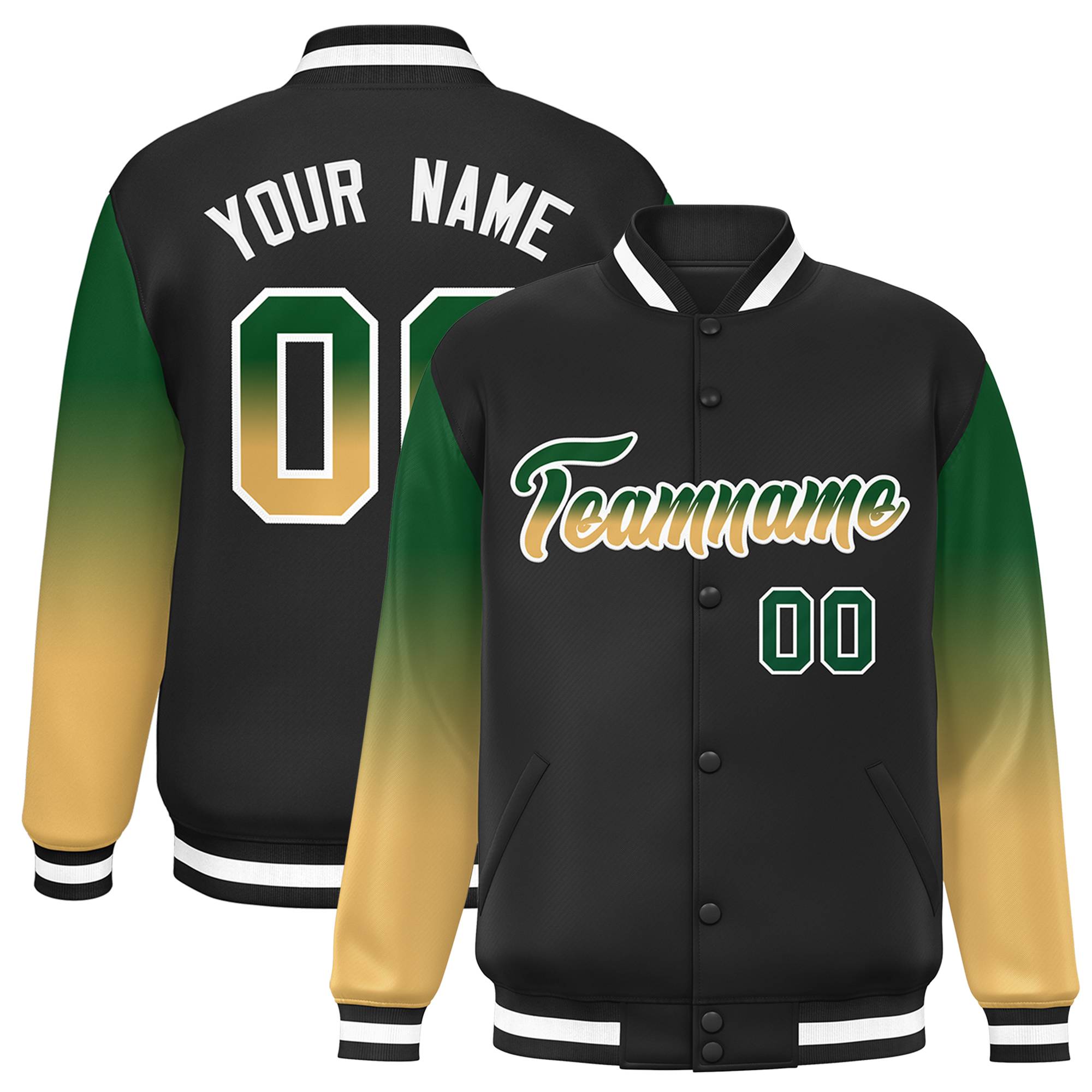 Custom Black Kelly Green-Khaki Gradient Varsity Full-Snap Raglan Sleeves Baseball Jacket