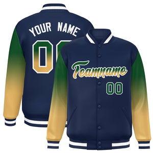 Custom Navy Kelly Green-Khaki Gradient Varsity Full-Snap Raglan Sleeves Baseball Jacket