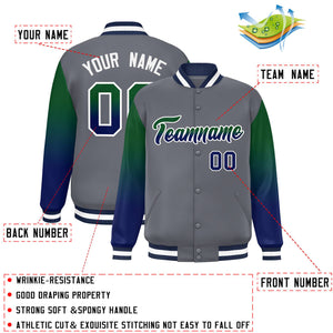 Custom Dark Gray Green-Navy Gradient Varsity Full-Snap Raglan Sleeves Baseball Jacket