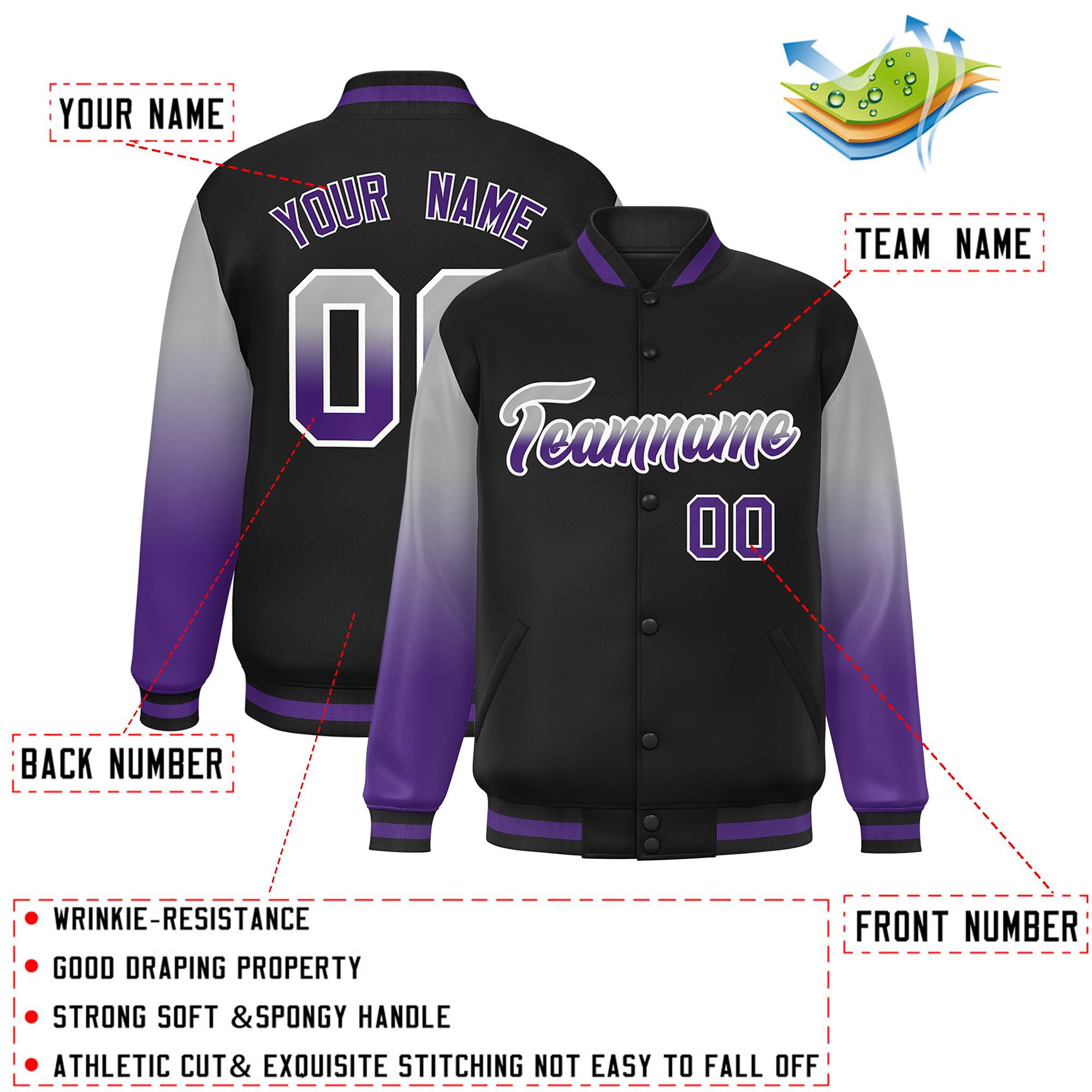 Custom Black Gray-Purple Gradient Varsity Full-Snap Raglan Sleeves Baseball Jacket