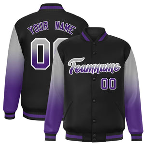 Custom Black Gray-Purple Gradient Varsity Full-Snap Raglan Sleeves Baseball Jacket