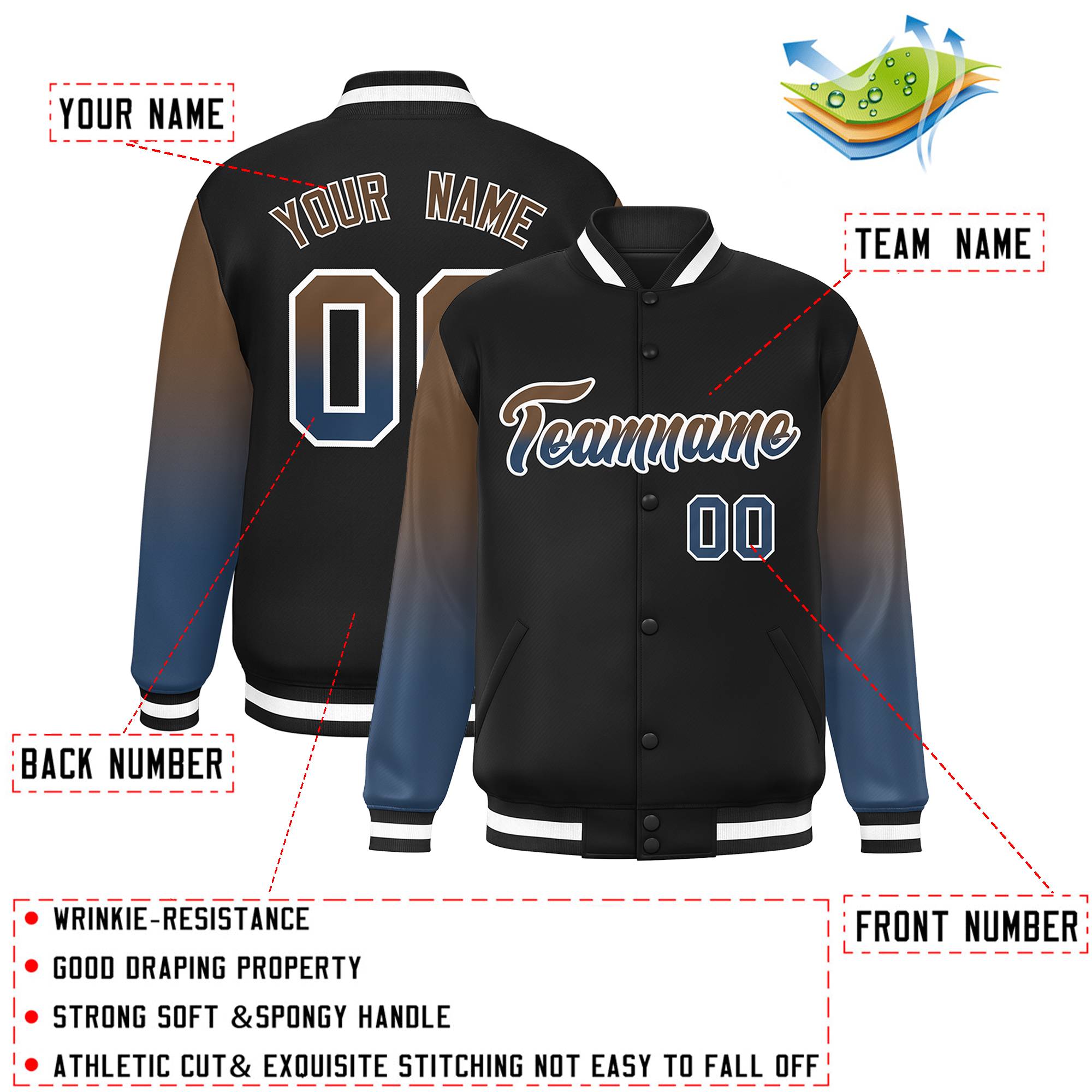 Custom Black Light Brown-Midnight Blue Gradient Varsity Full-Snap Raglan Sleeves Baseball Jacket