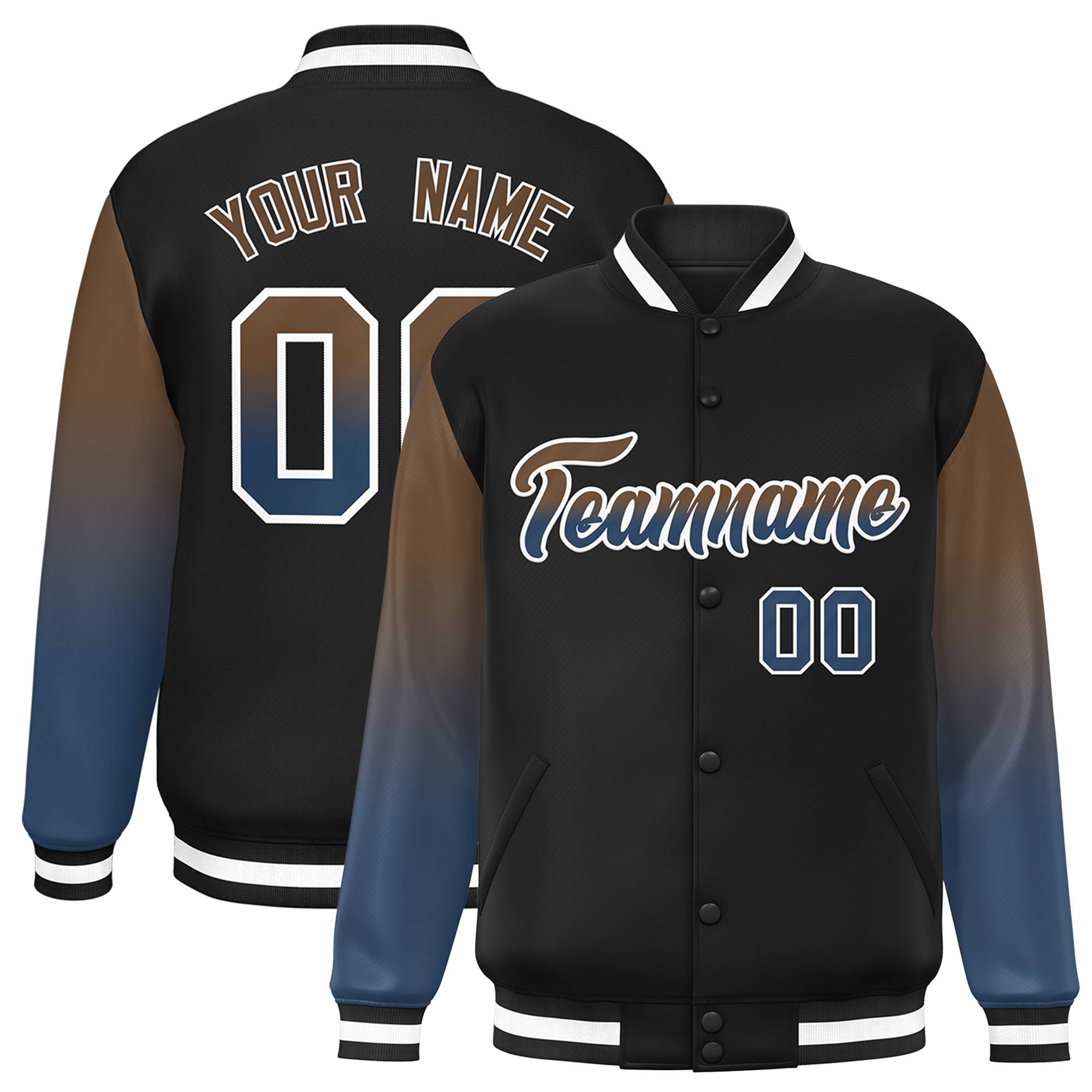 Custom Black Light Brown-Midnight Blue Gradient Varsity Full-Snap Raglan Sleeves Baseball Jacket